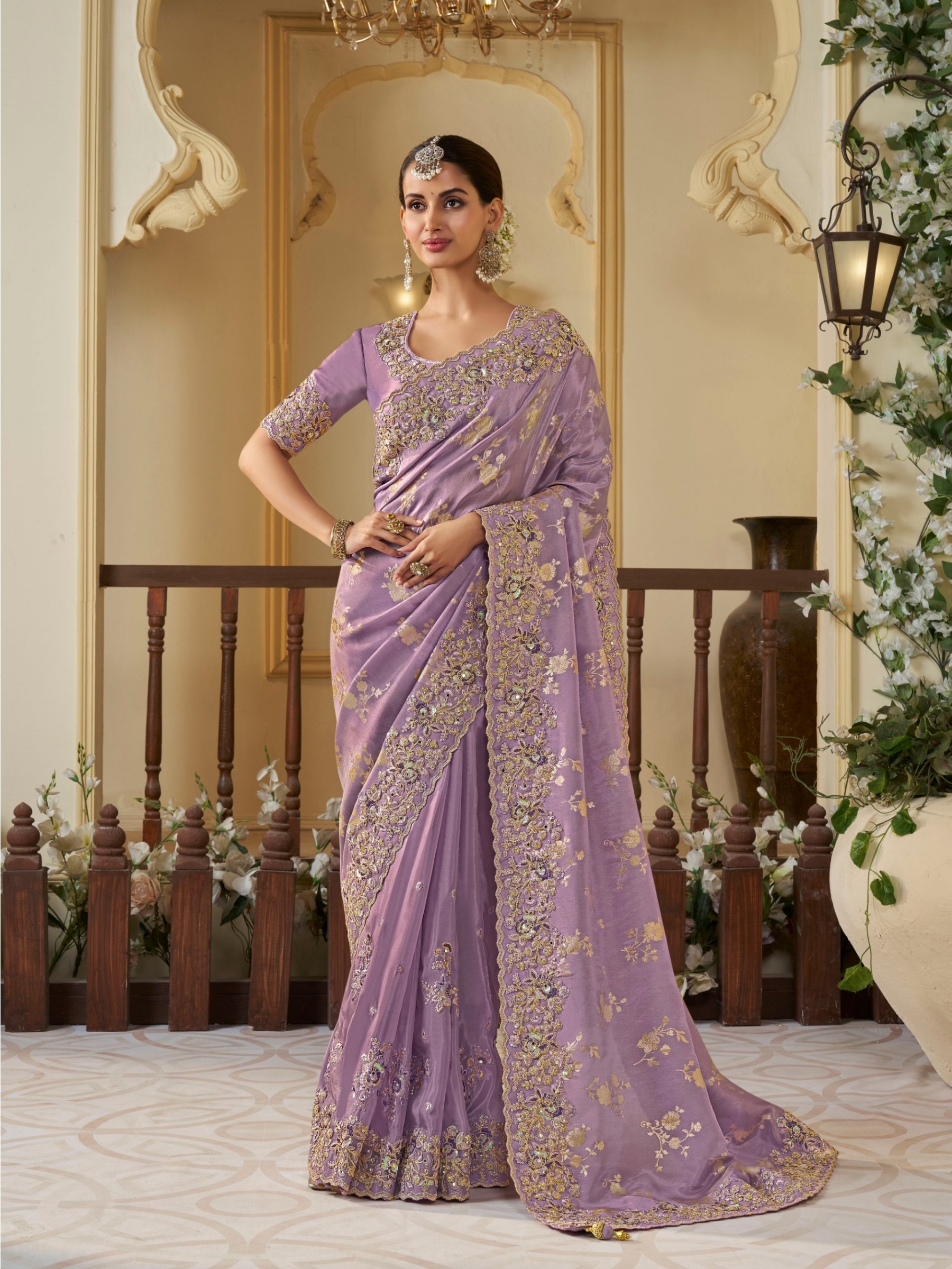 Pure Tissue Silk Wedding wear Purple Color With Embroidery Work