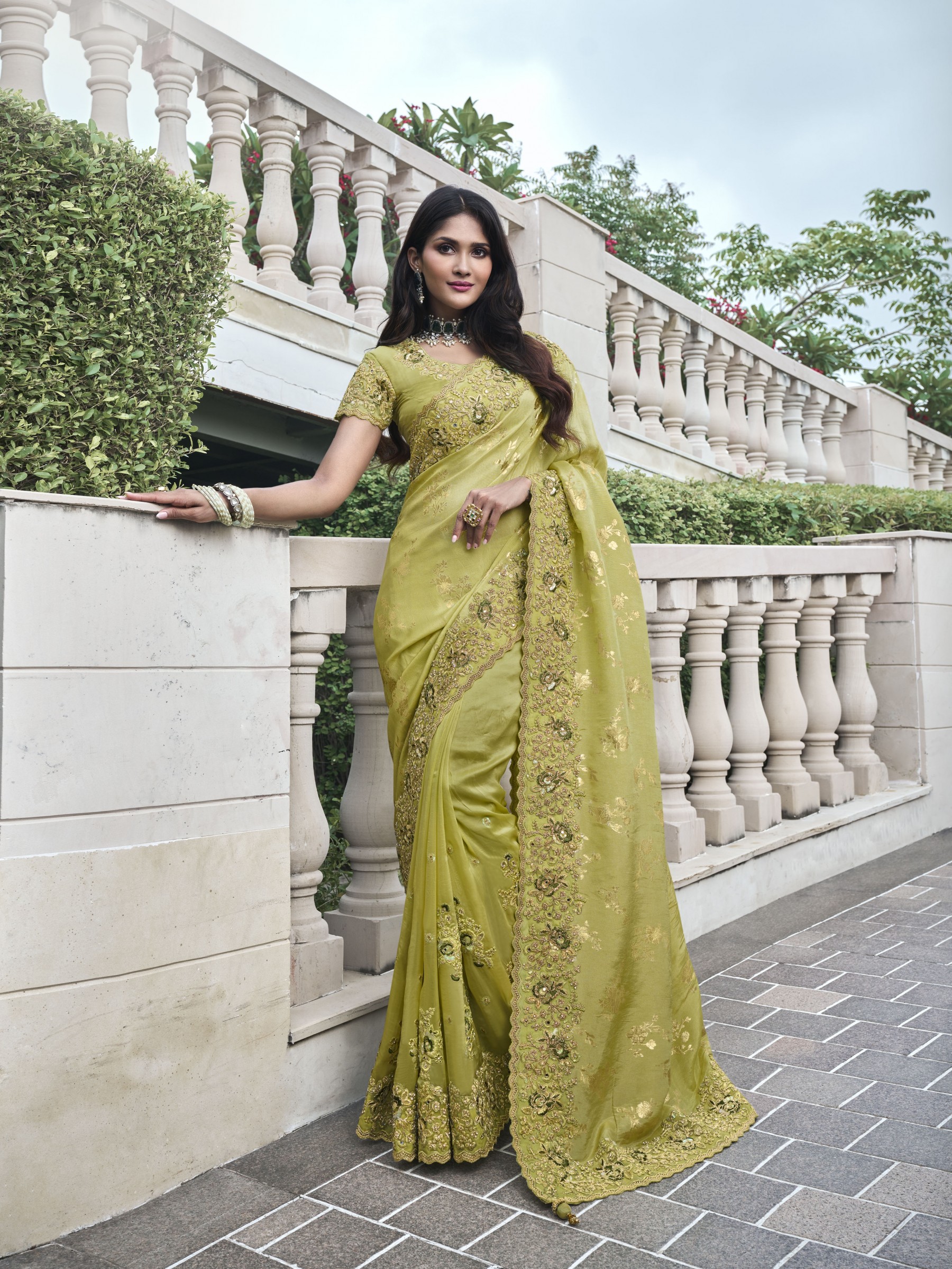 Pure Tissue Silk Wedding wear Lemon Green Color With Embroidery Work