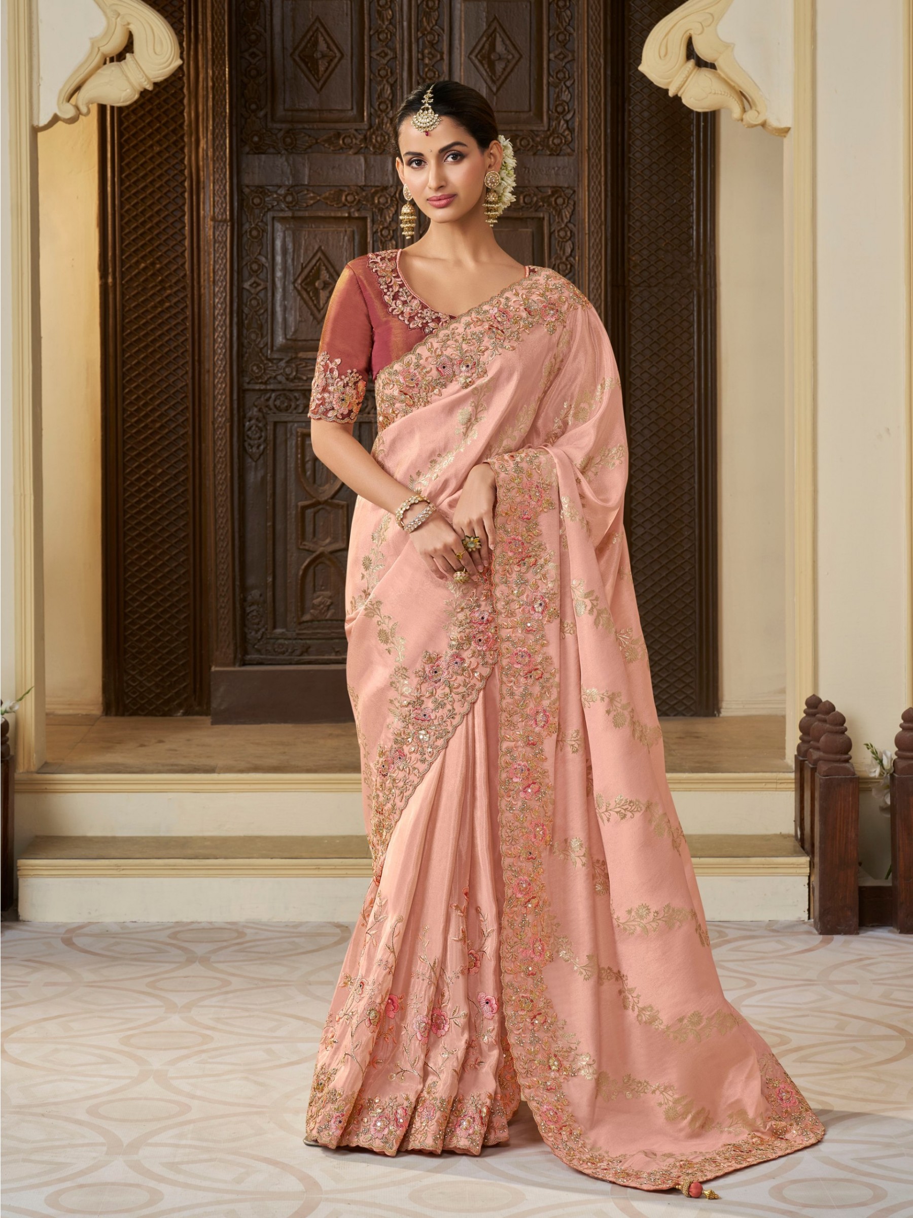 Pure Tissue Silk Wedding wear Peach Color With Embroidery Work