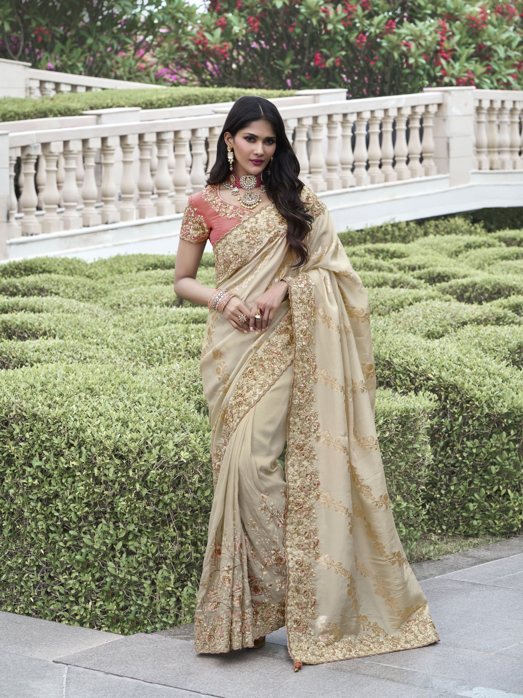 Pure Tissue Silk Wedding wear Beige Color With Embroidery Work