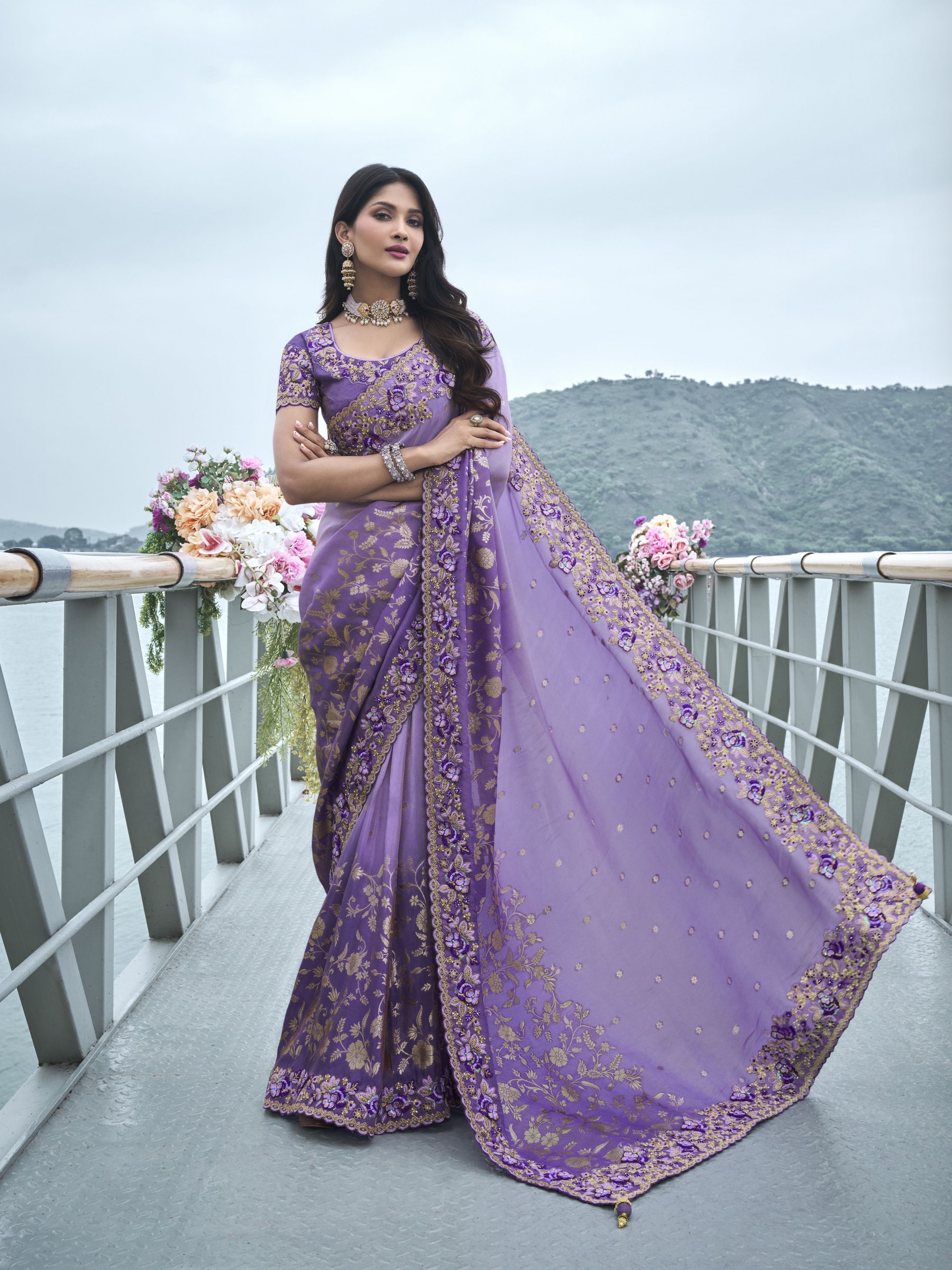 Pure Tissue Silk Wedding wear Pastel Lavender Color With Embroidery Work