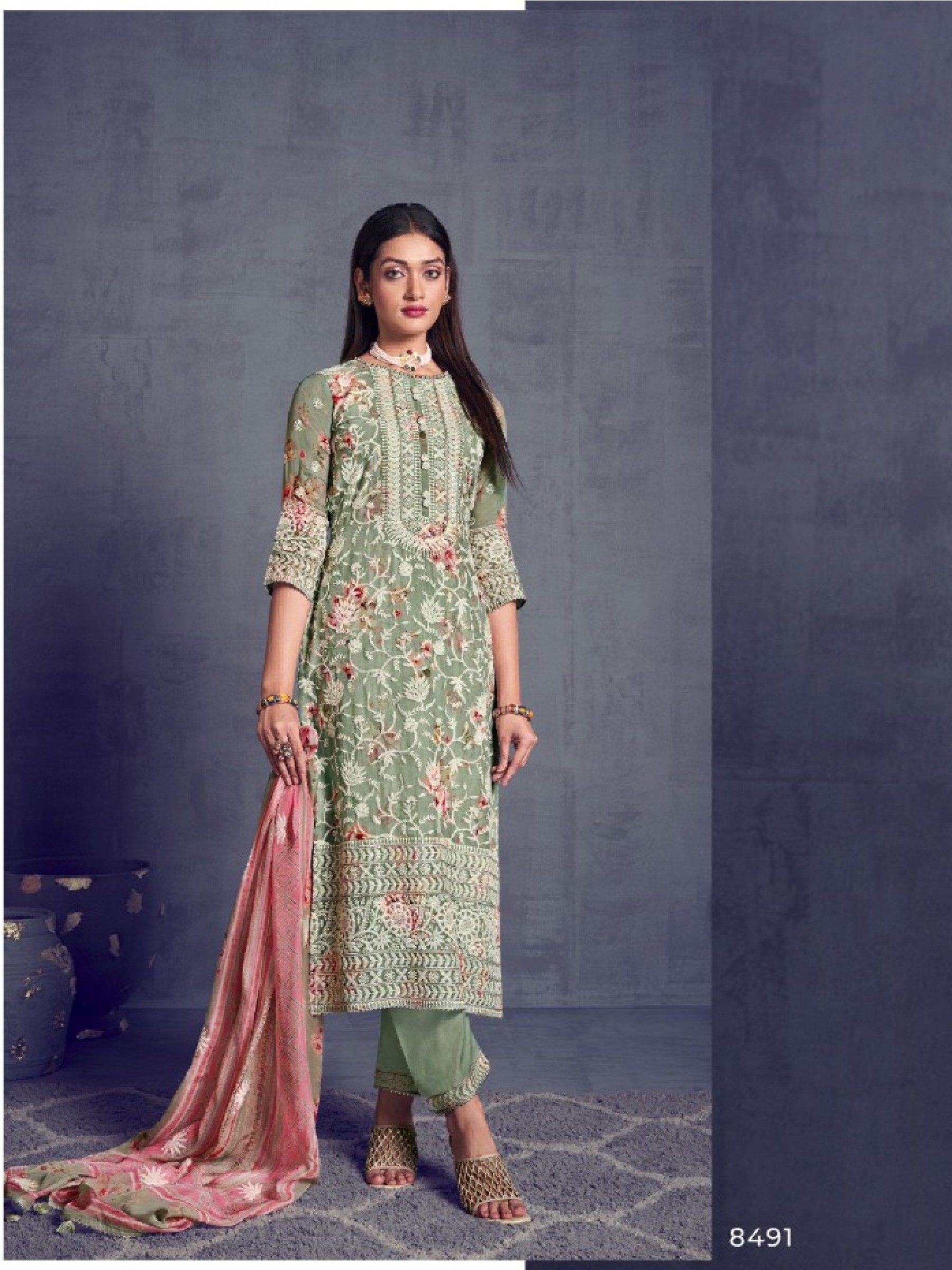 Pure Organza  Party Wear  Suit  in Green Color with  Embroidery Work