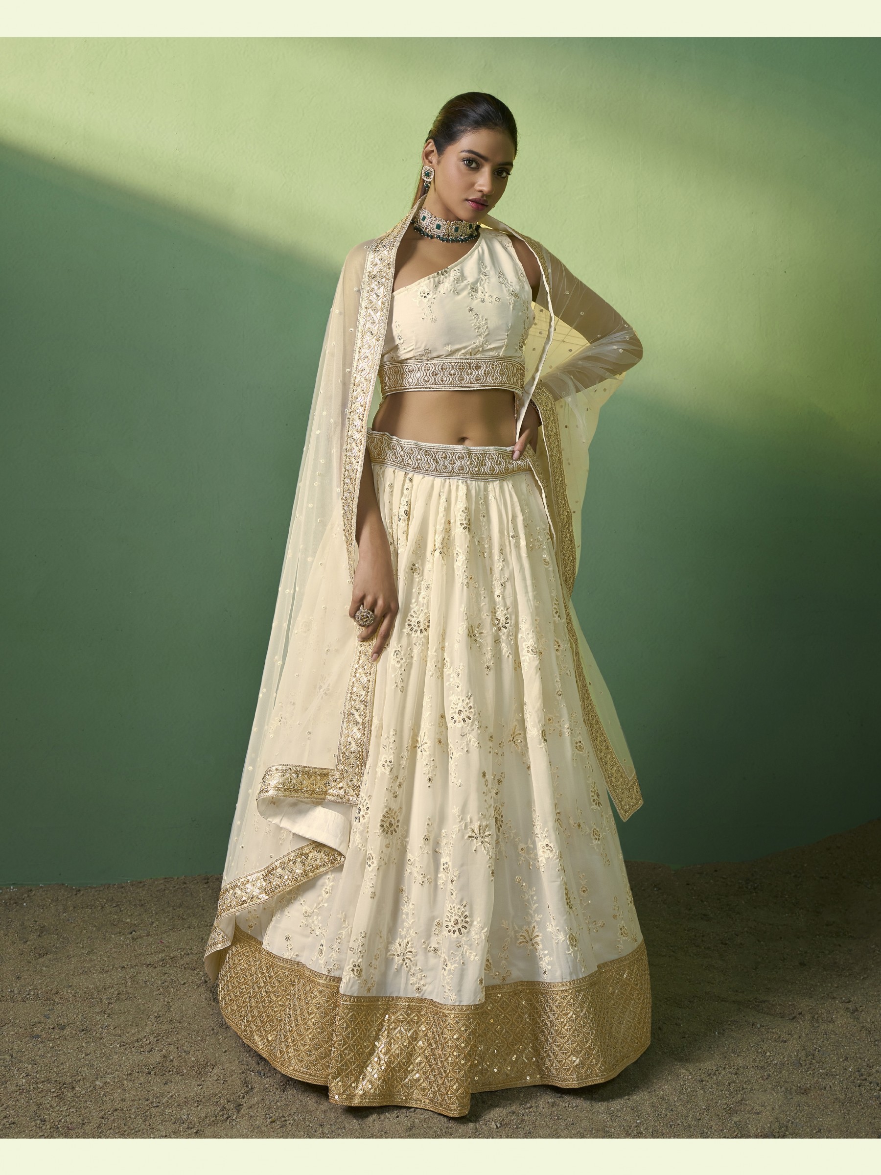 Soft Georgette Party Wear Lehenga In White Color  With Embroidery Work