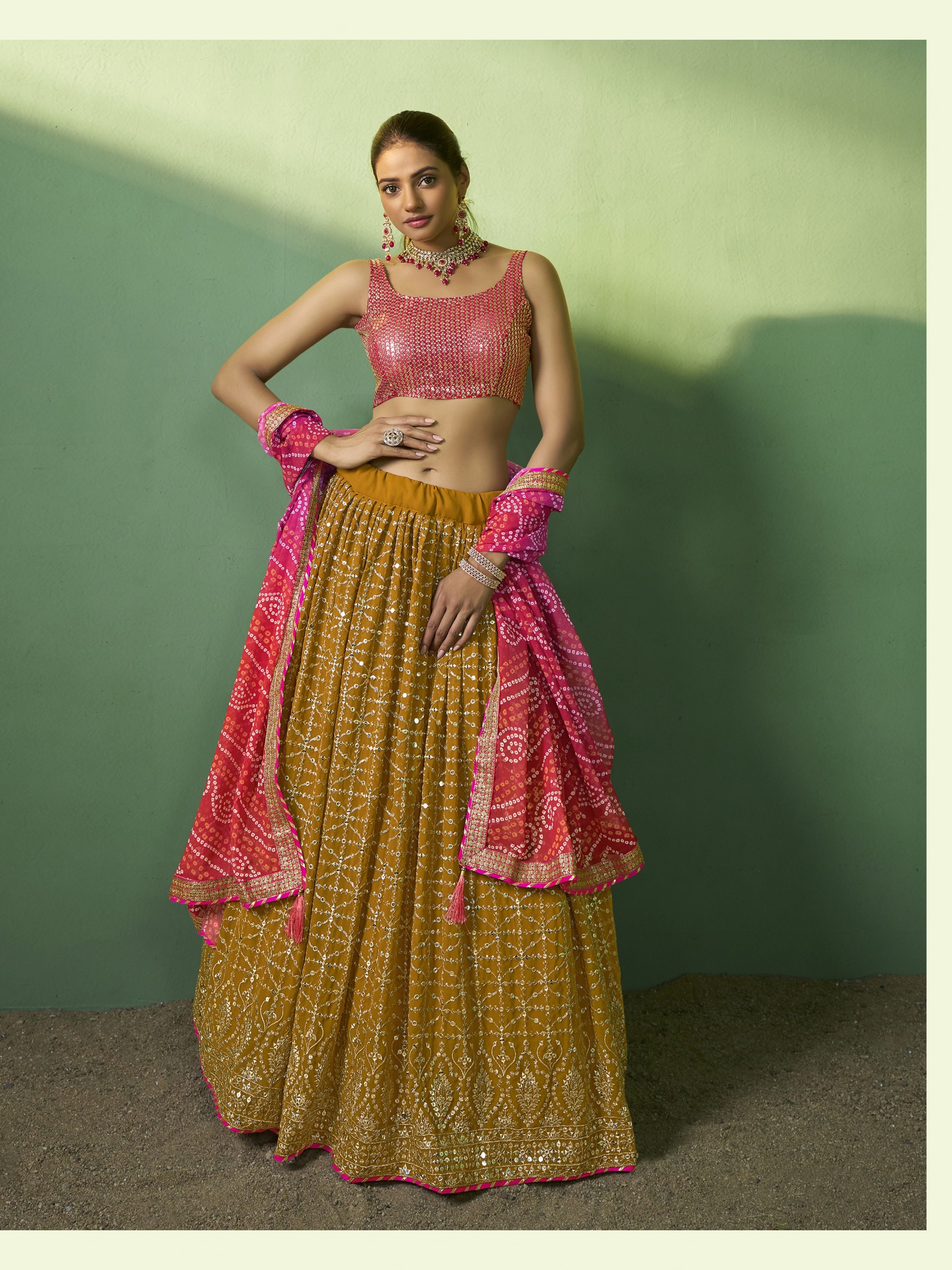 Soft Georgette Party Wear Lehenga In Mustard Color  With Embroidery Work