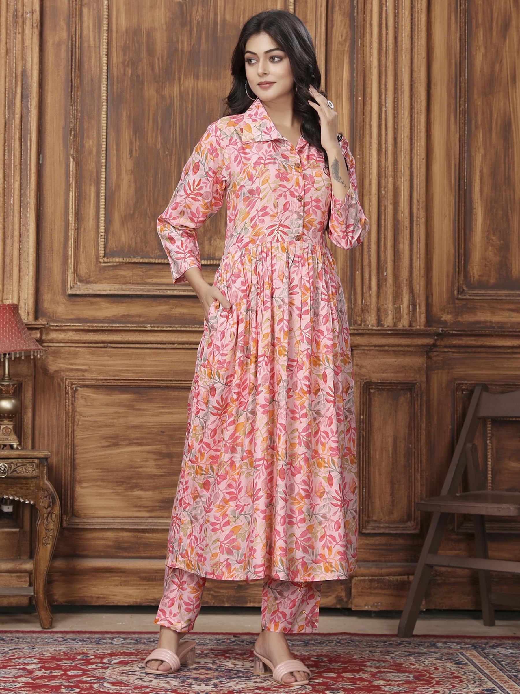 Rayon Silk Co-Ord Set In Peach Color   