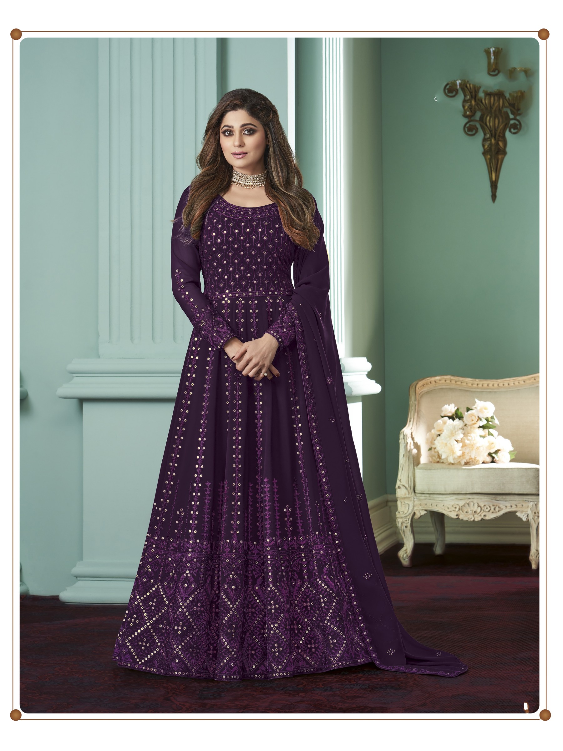 Pure Georgette Fabrics Party Wear  Readymade Gown In Purple  Color With Embroidery Work