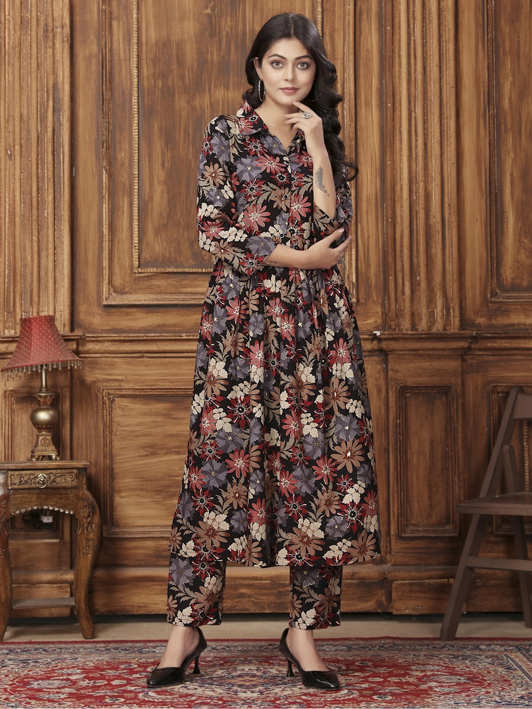 Rayon Silk Co-Ord Set In Black Color   