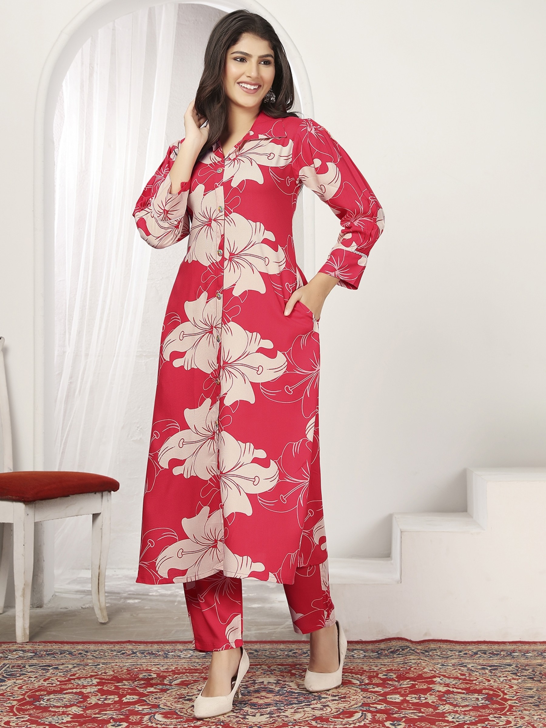 Rayon Silk Co-Ord Set In Red Color   