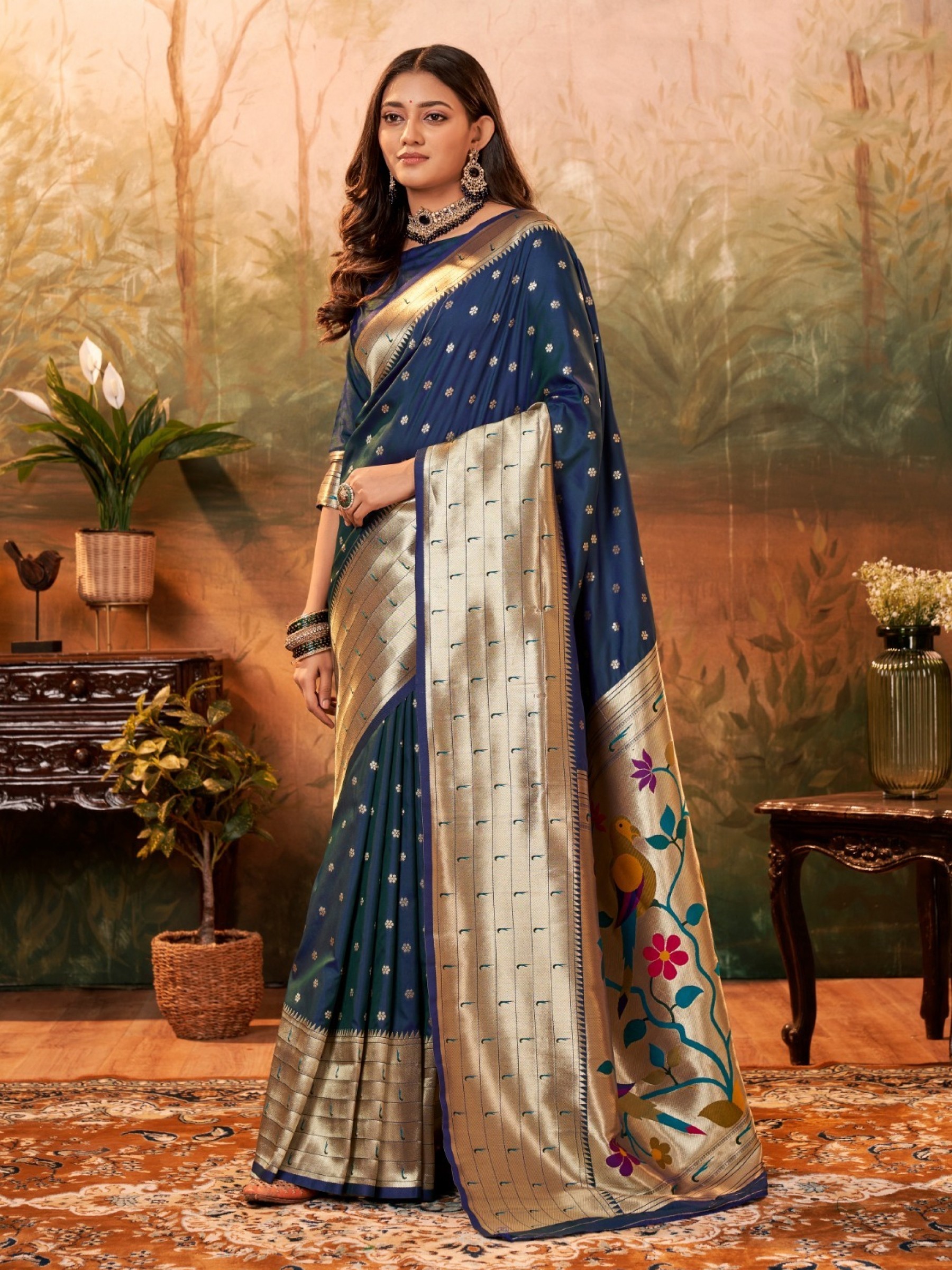 Pure Paithani Silk Party wear Saree In Blue Color with Zari Weaving 