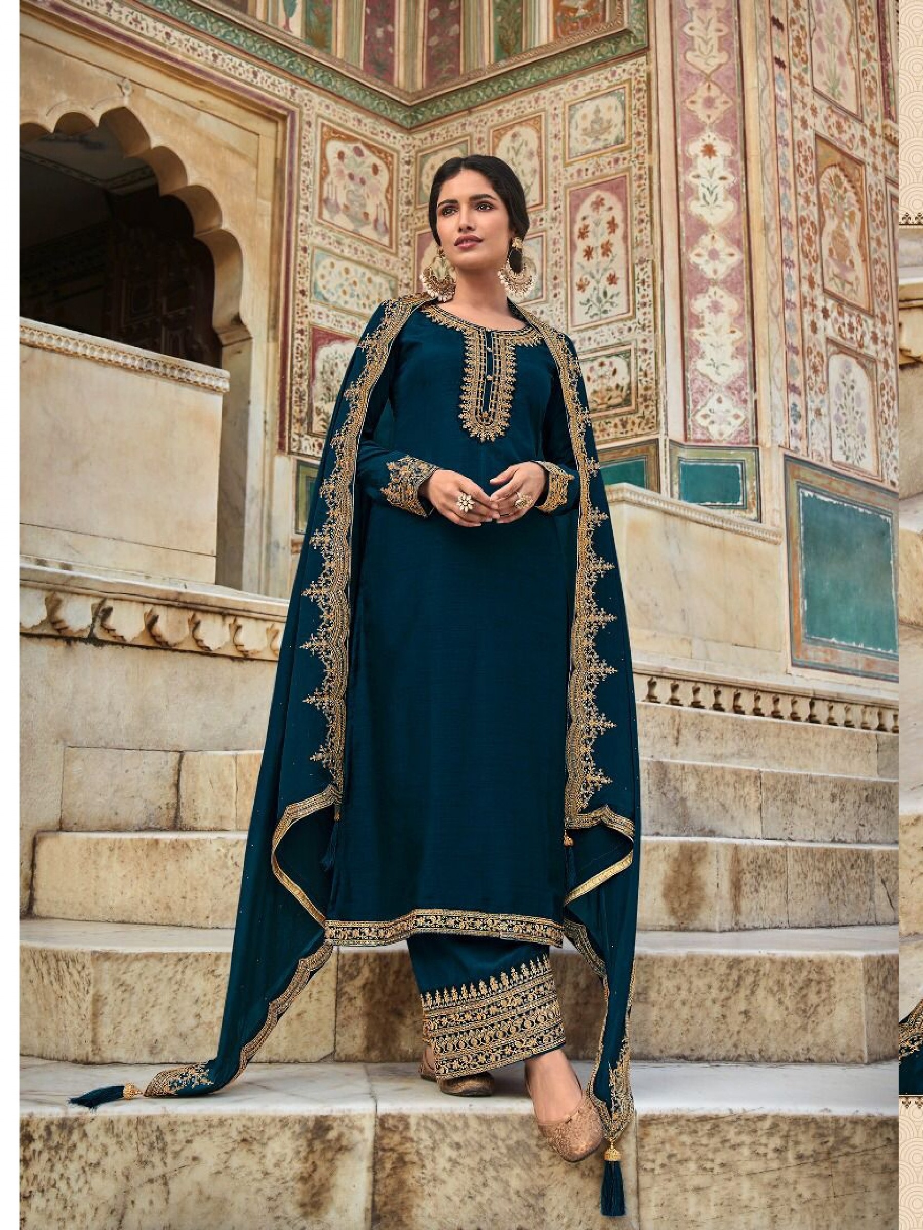 Pure Dola  Silk Party Wear Suit in Blue Color with Embroidery Work