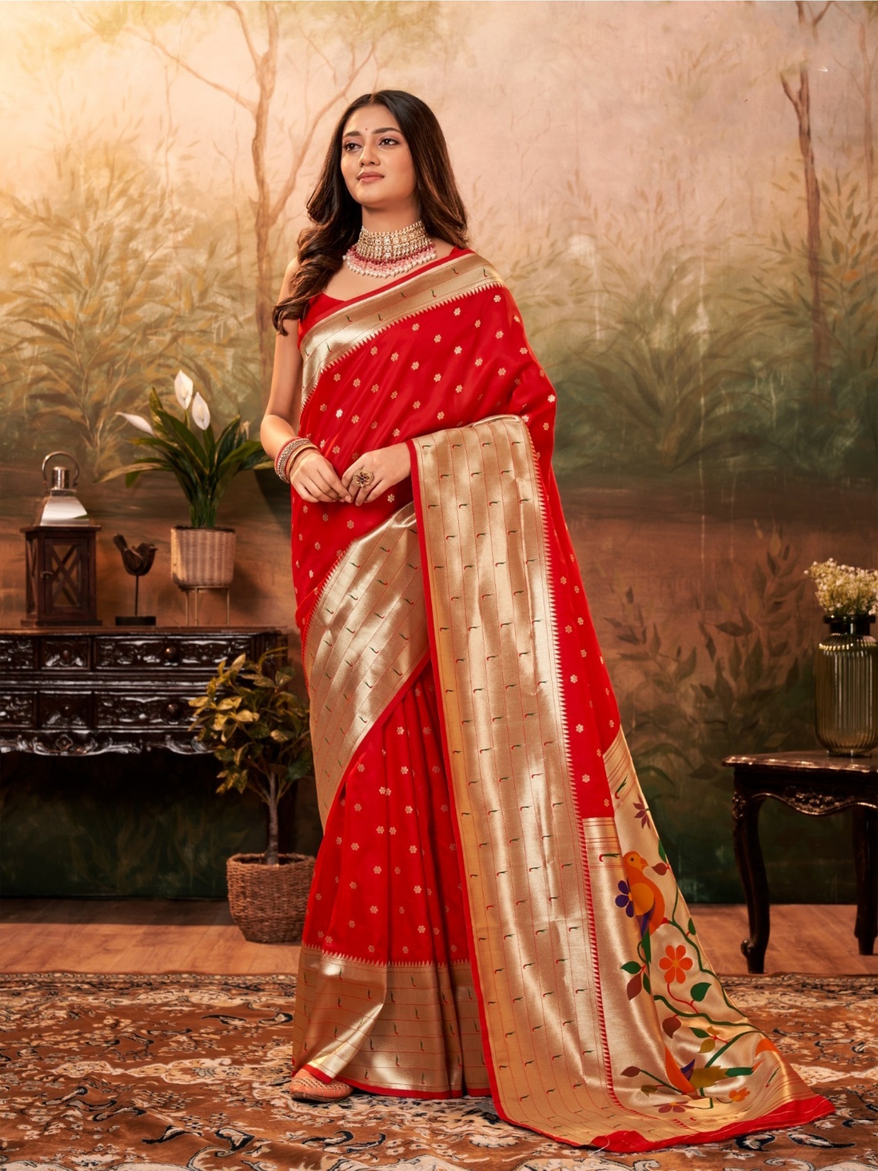 Pure Paithani Silk Party wear Saree In Red Color with Zari Weaving 