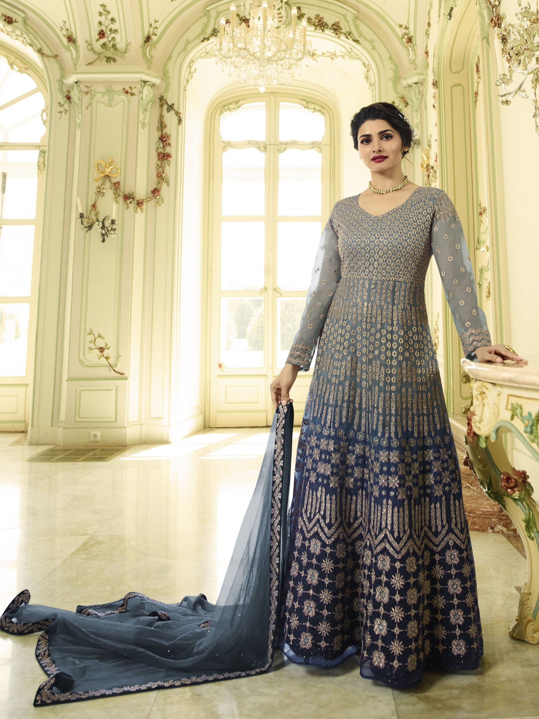 Soft Premium Net Wedding Readymade Gown In Blue With Resham Work