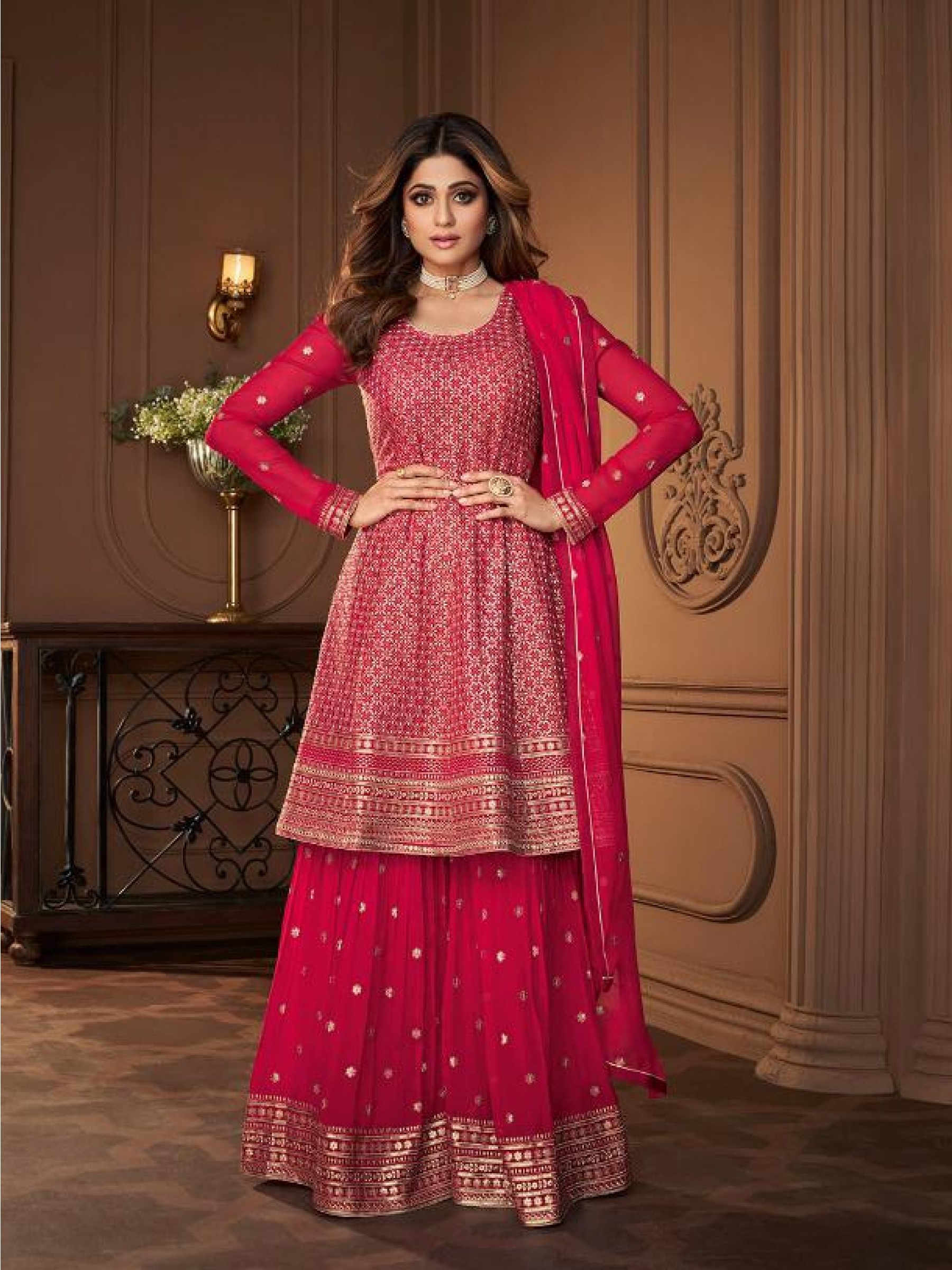  Georgette Party Wear Sarara in Pink  Color with  Embroidery Work