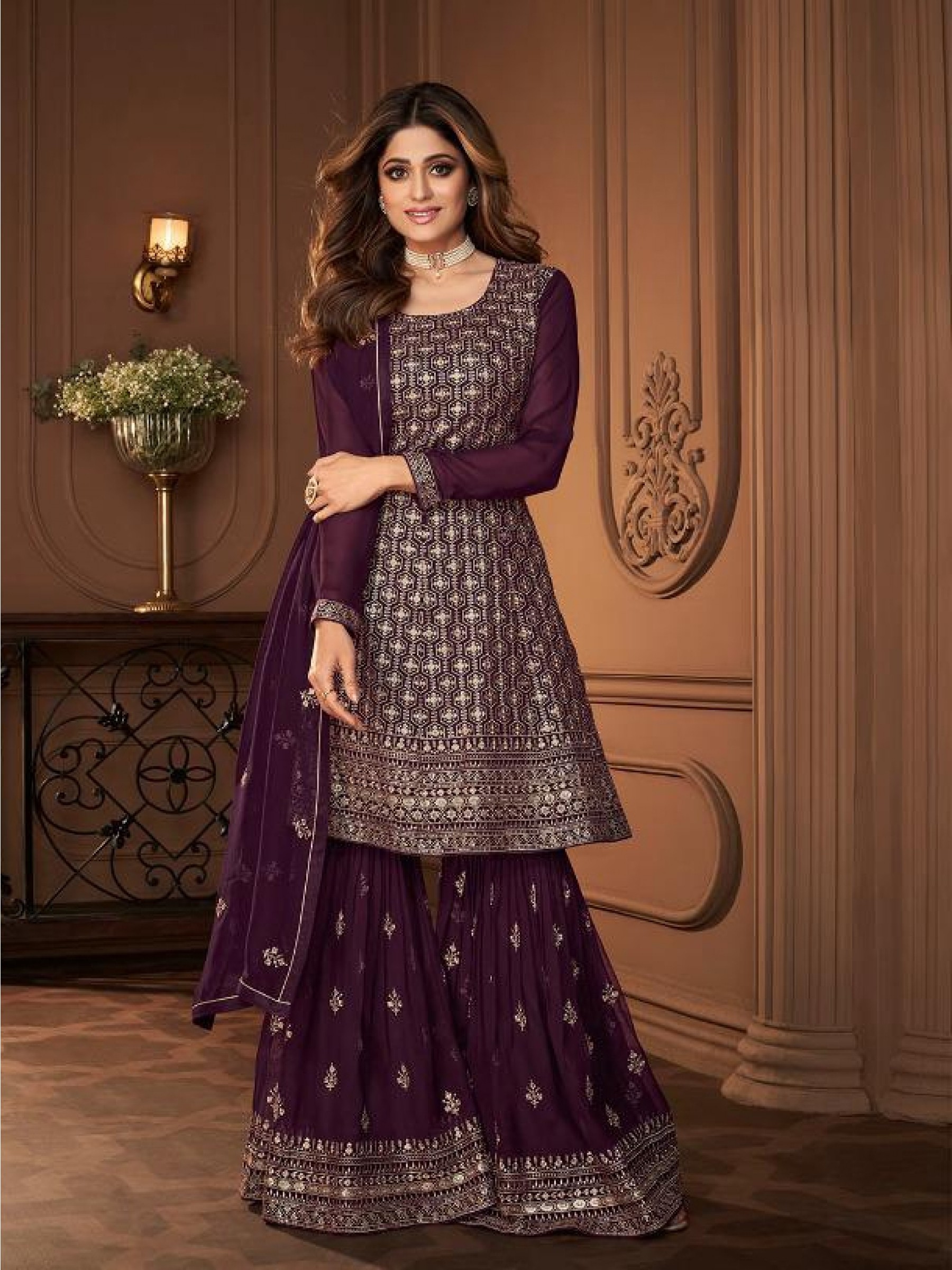  Georgette Party Wear Sarara in Ready made Violet Color with  Embroidery Work