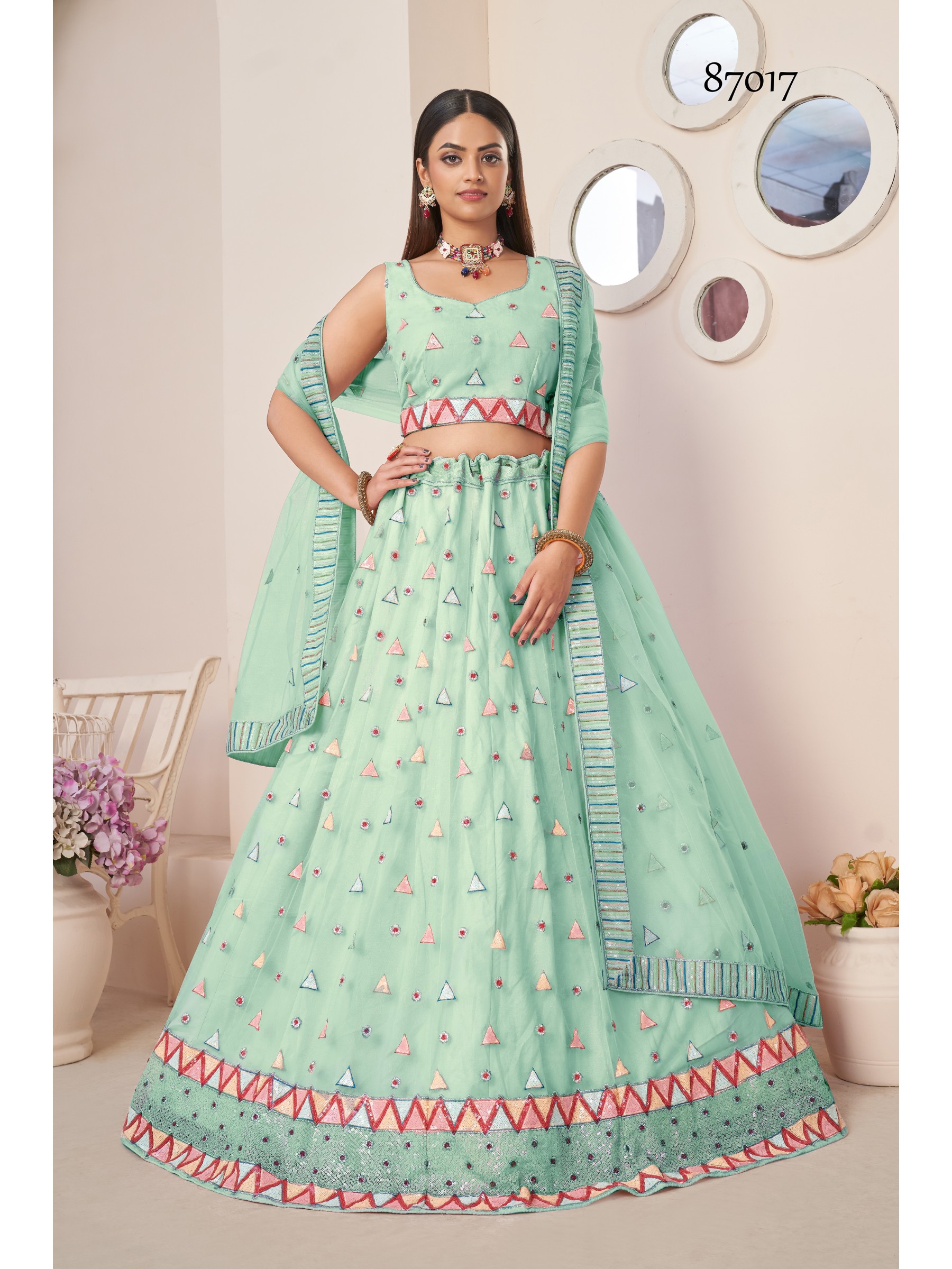 Soft Premium Net Party Wear Lehenga In Turquoise Color  With Embroidery Work