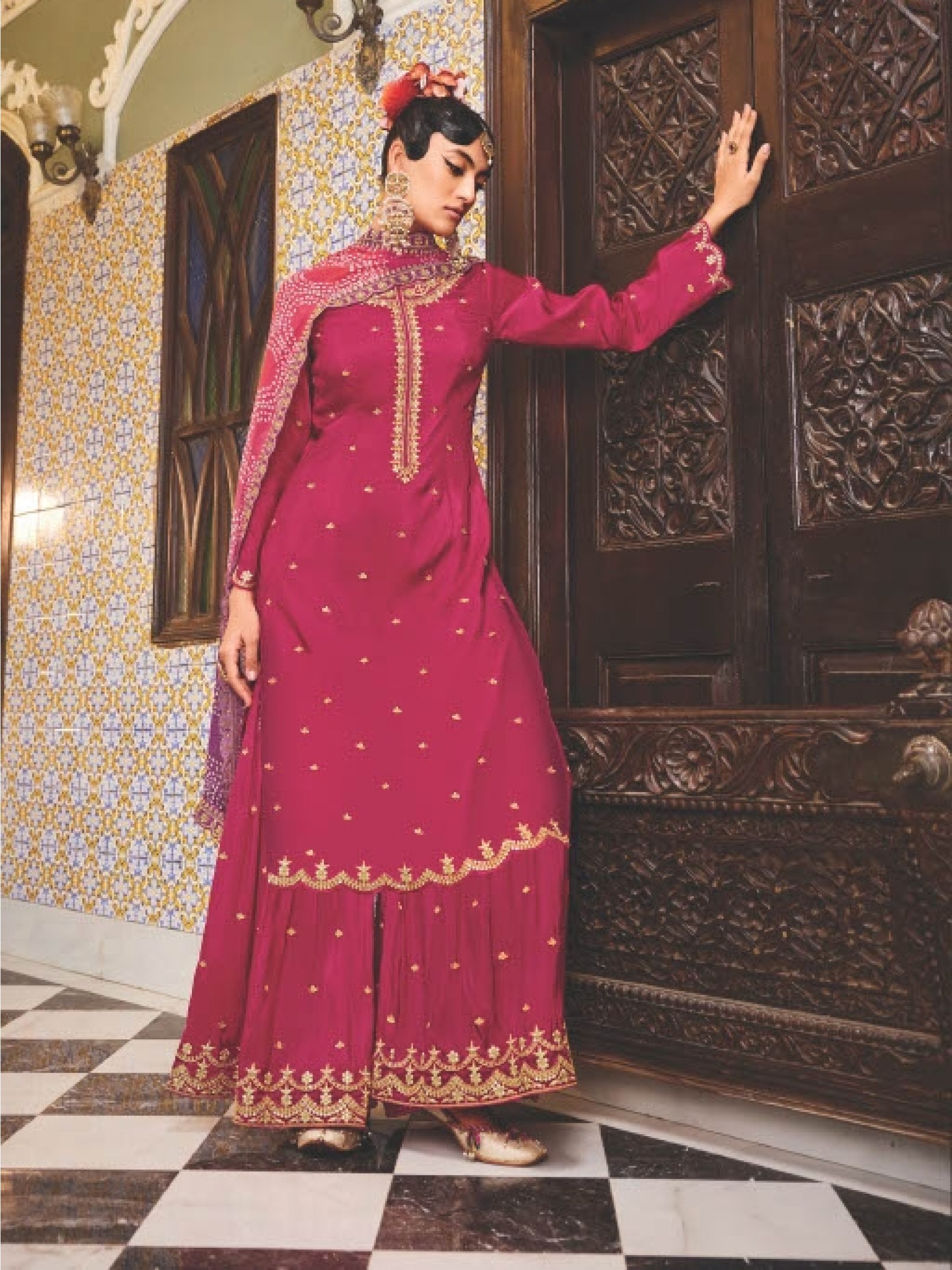 Pure Georgette Party Wear Sharara In Pink With Embroidery Work 