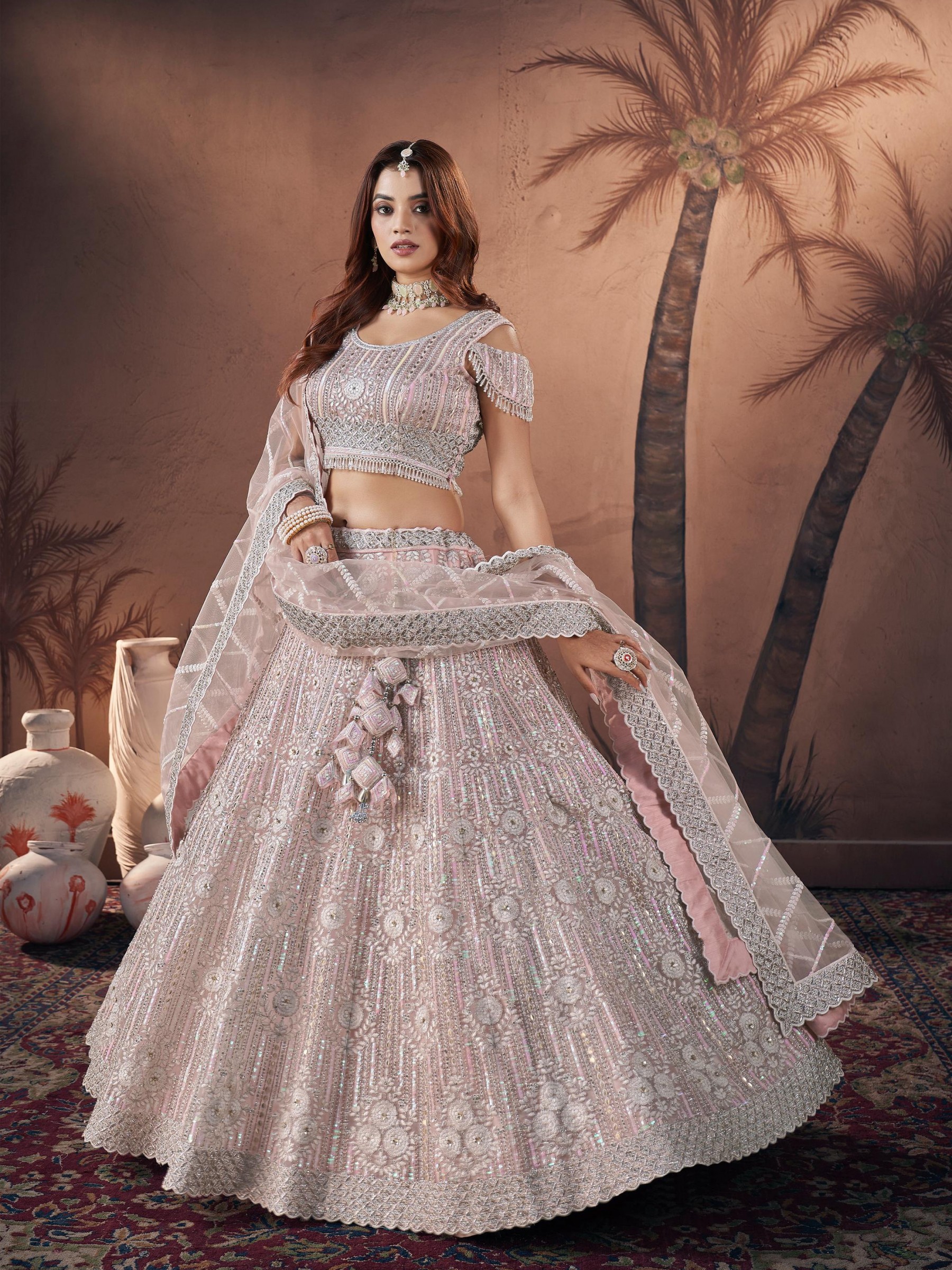 Soft Premium Net Fabric Wedding Wear Lehenga In Pink Color With Embroidery Work