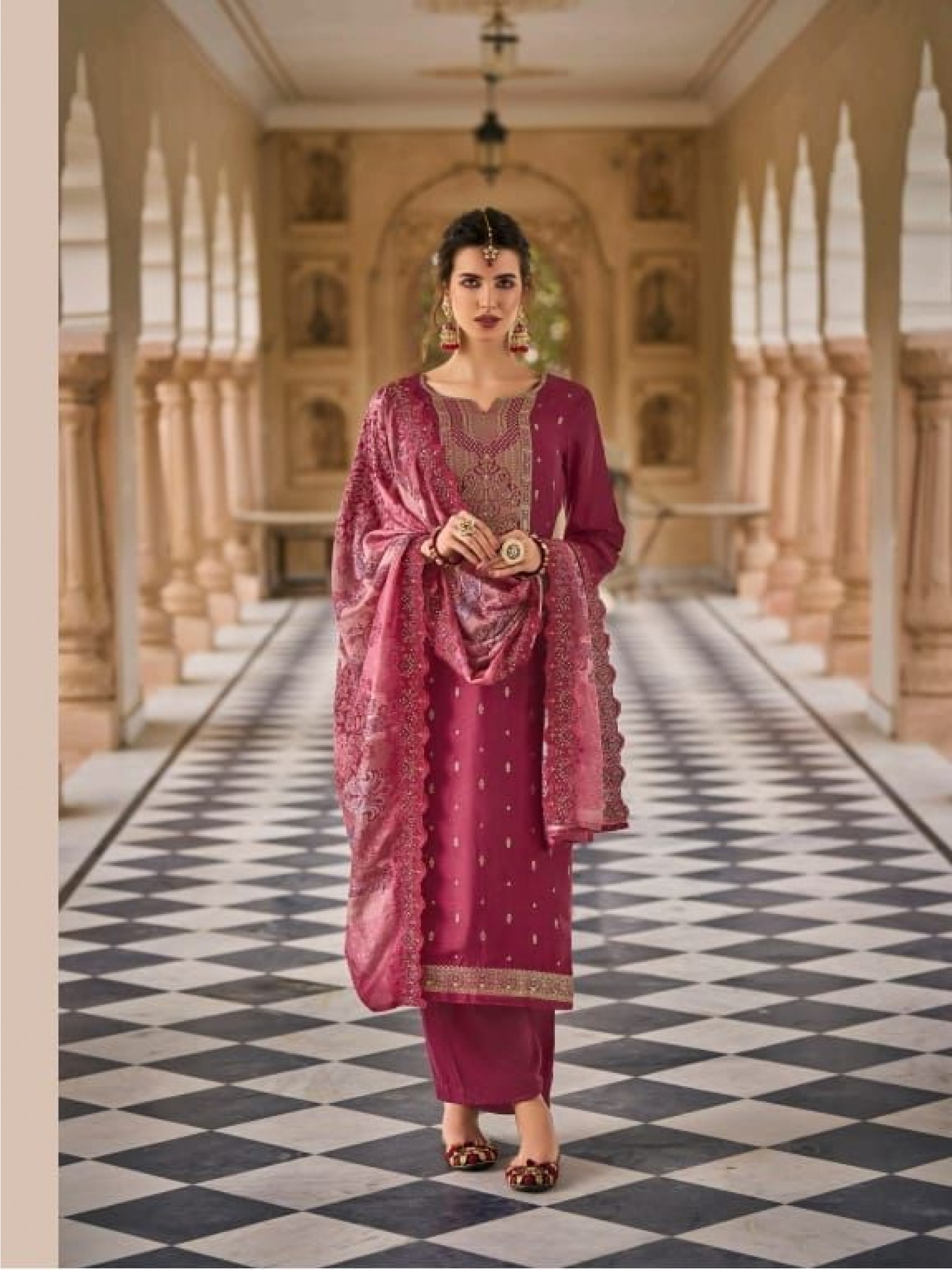 Pure Jacquard Silk  Party Wear Suit in Pink Color with Embroidery Work