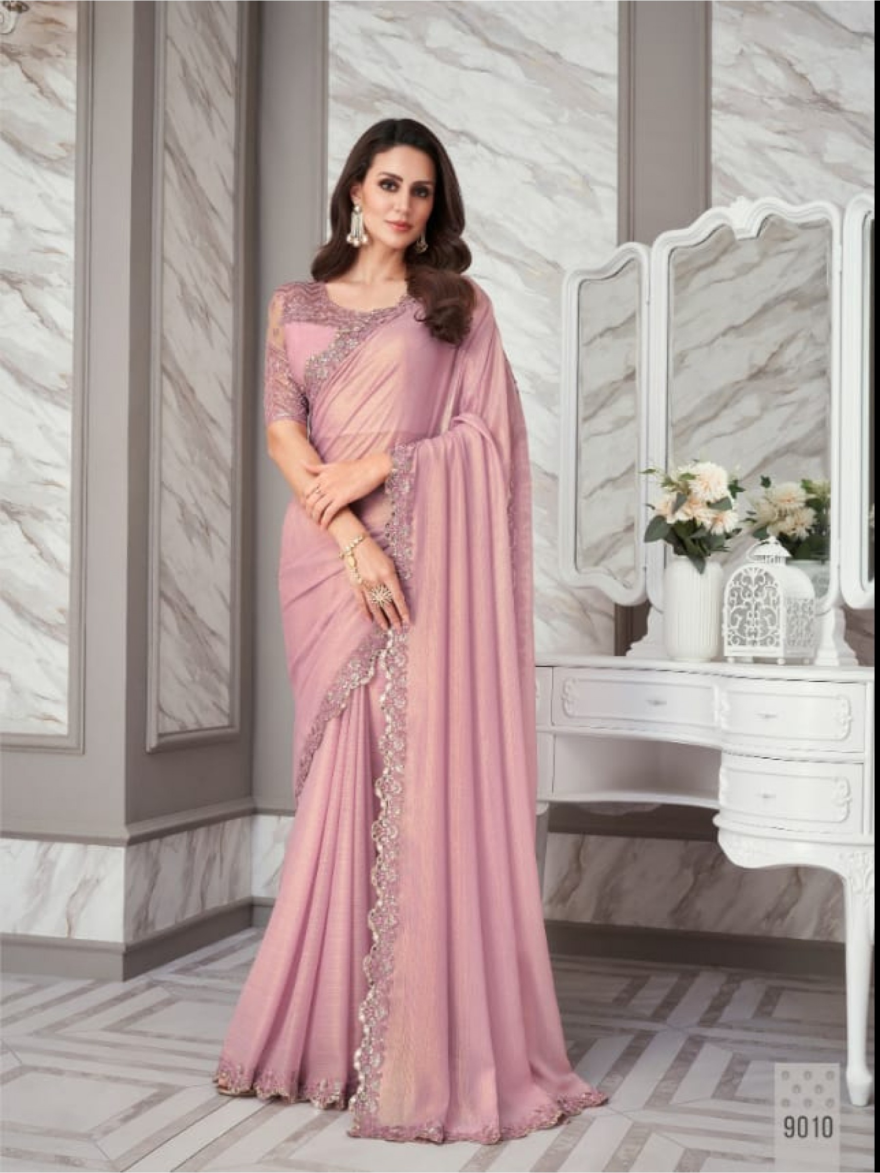 Shimmer Georgette Party Wear  Saree In Pink Color With Embroidery Work