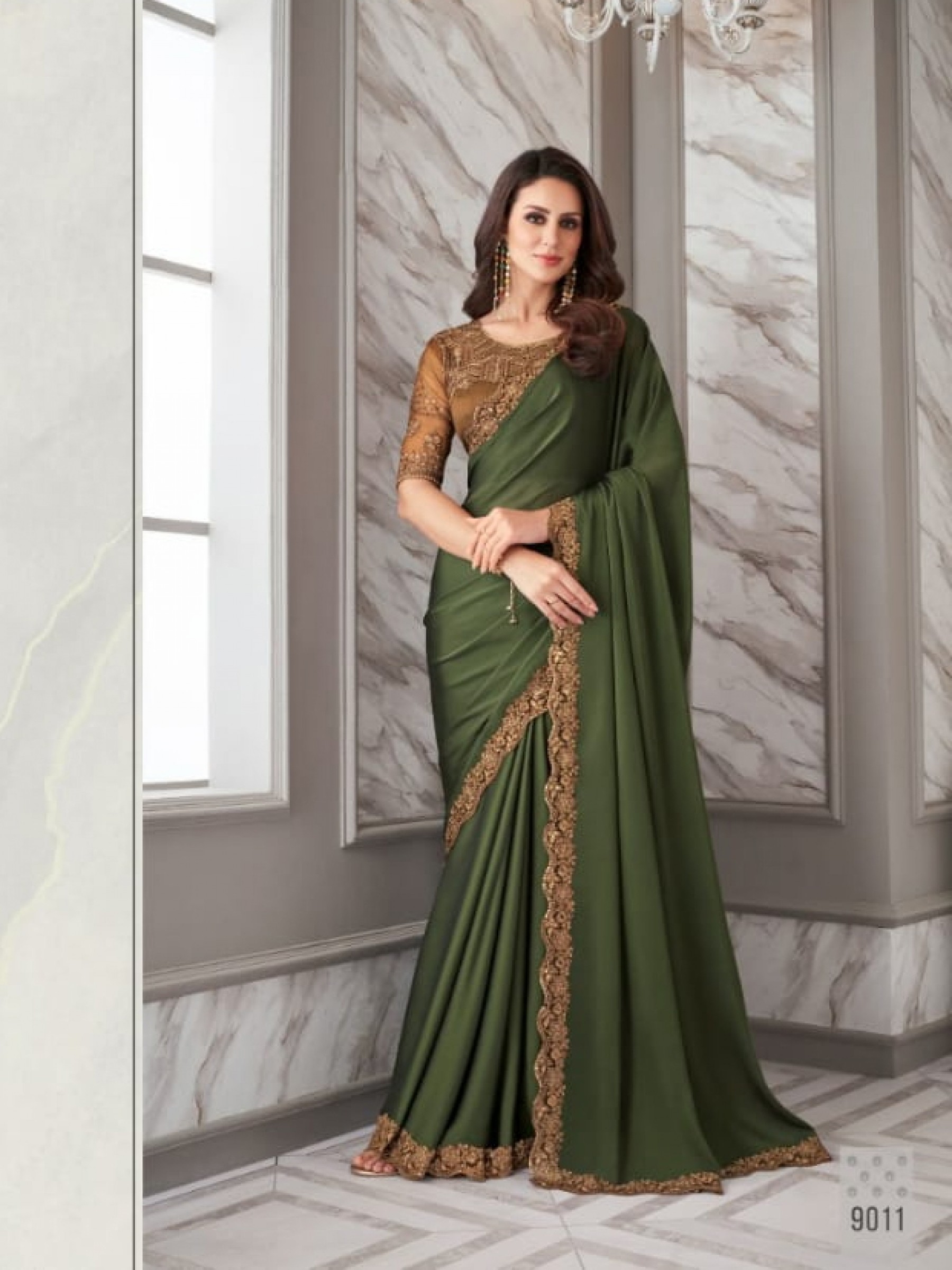  Georgette Party Wear  Saree In Green Color With Embroidery Work