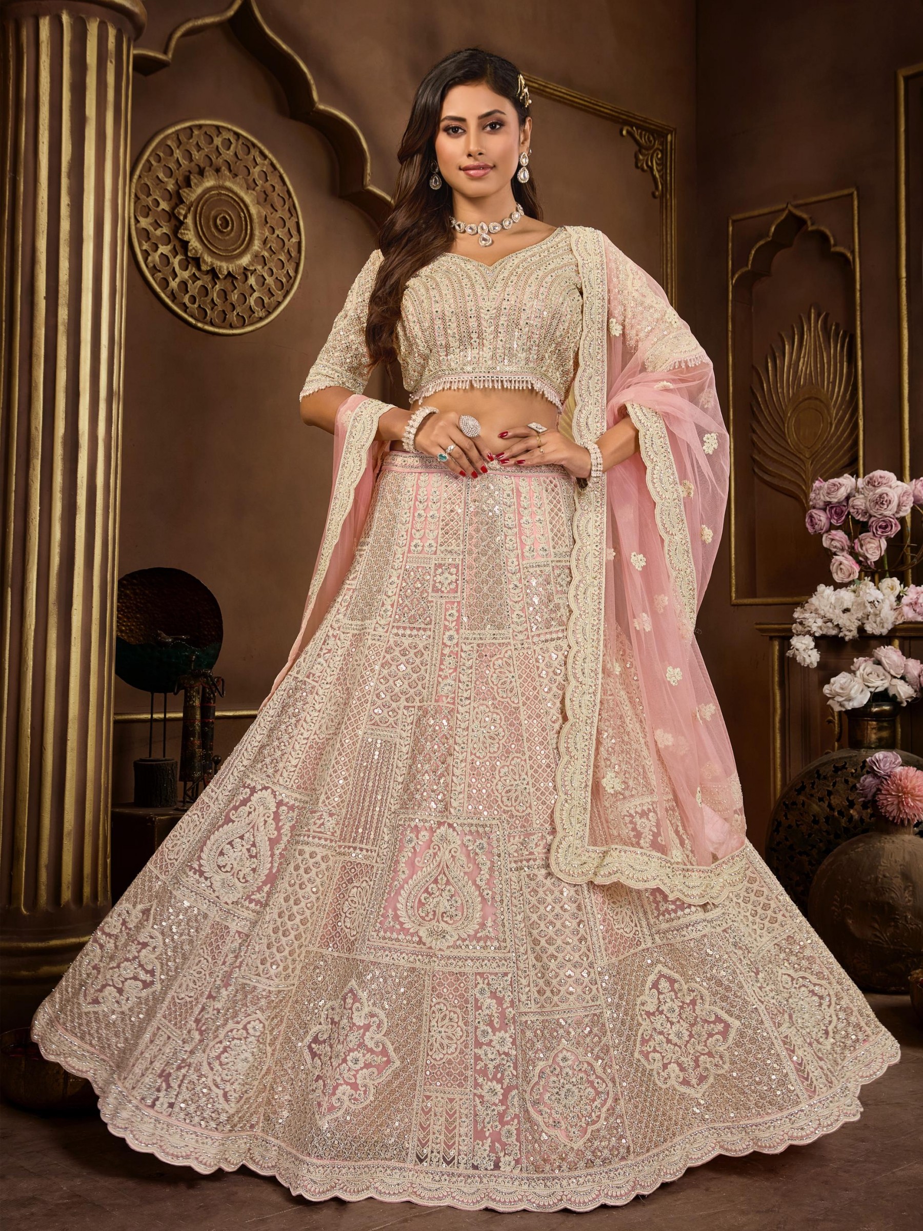 Soft Premium Net Fabric Wedding Wear Lehenga In Peach Color With Embroidery Work