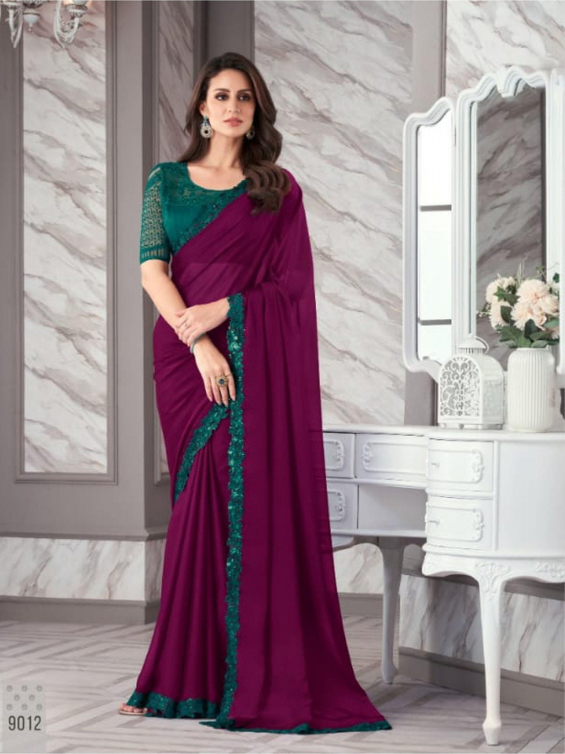  Georgette Party Wear  Saree In Purple Color With Embroidery Work