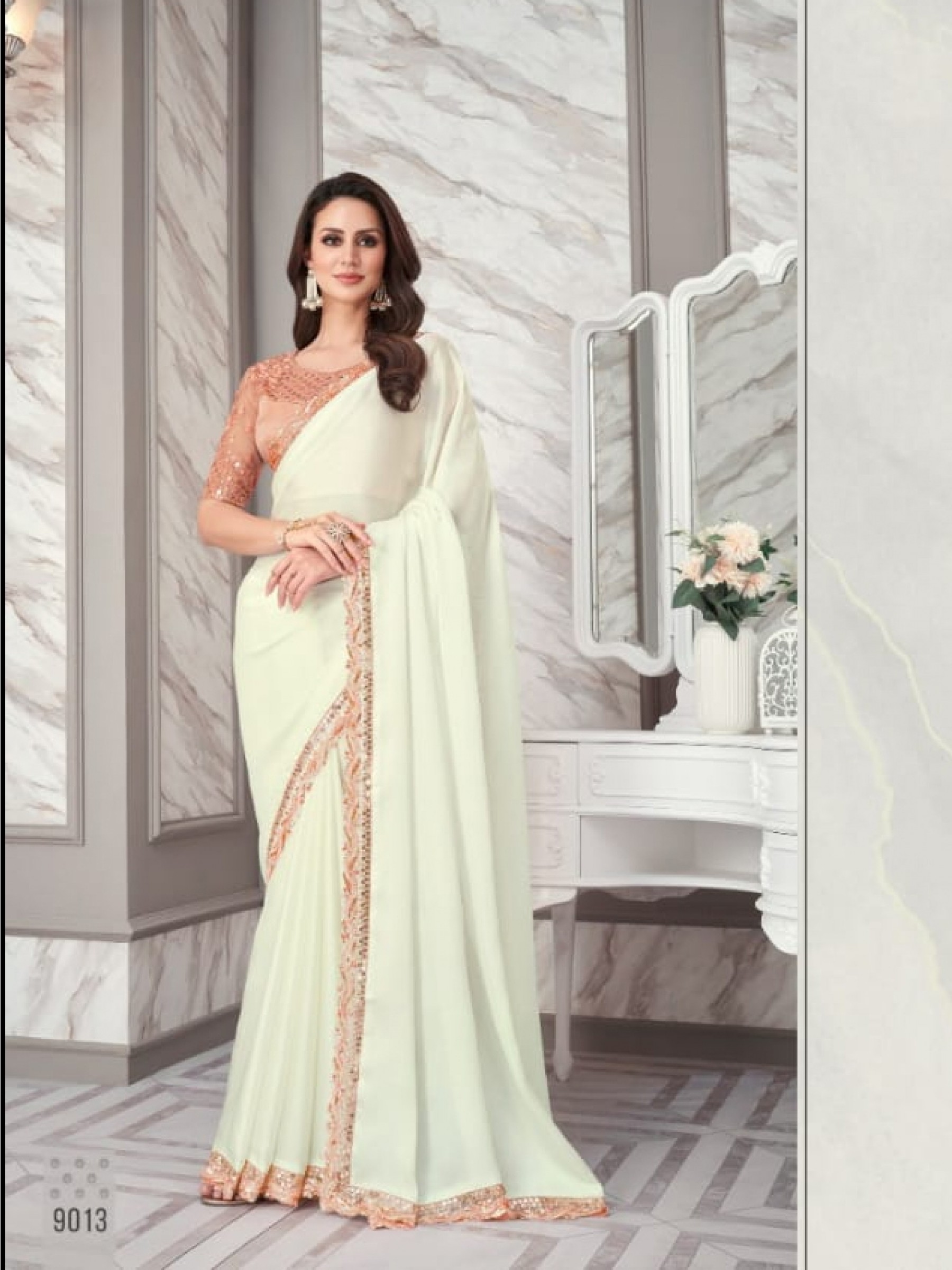 Sateen Silk Party Wear  Saree In White Color With Embroidery Work
