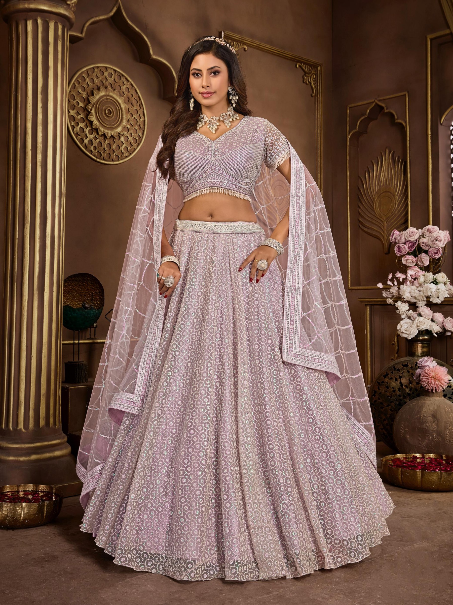 Soft Premium Net Fabric Wedding Wear Lehenga In Lavender Color With Embroidery Work