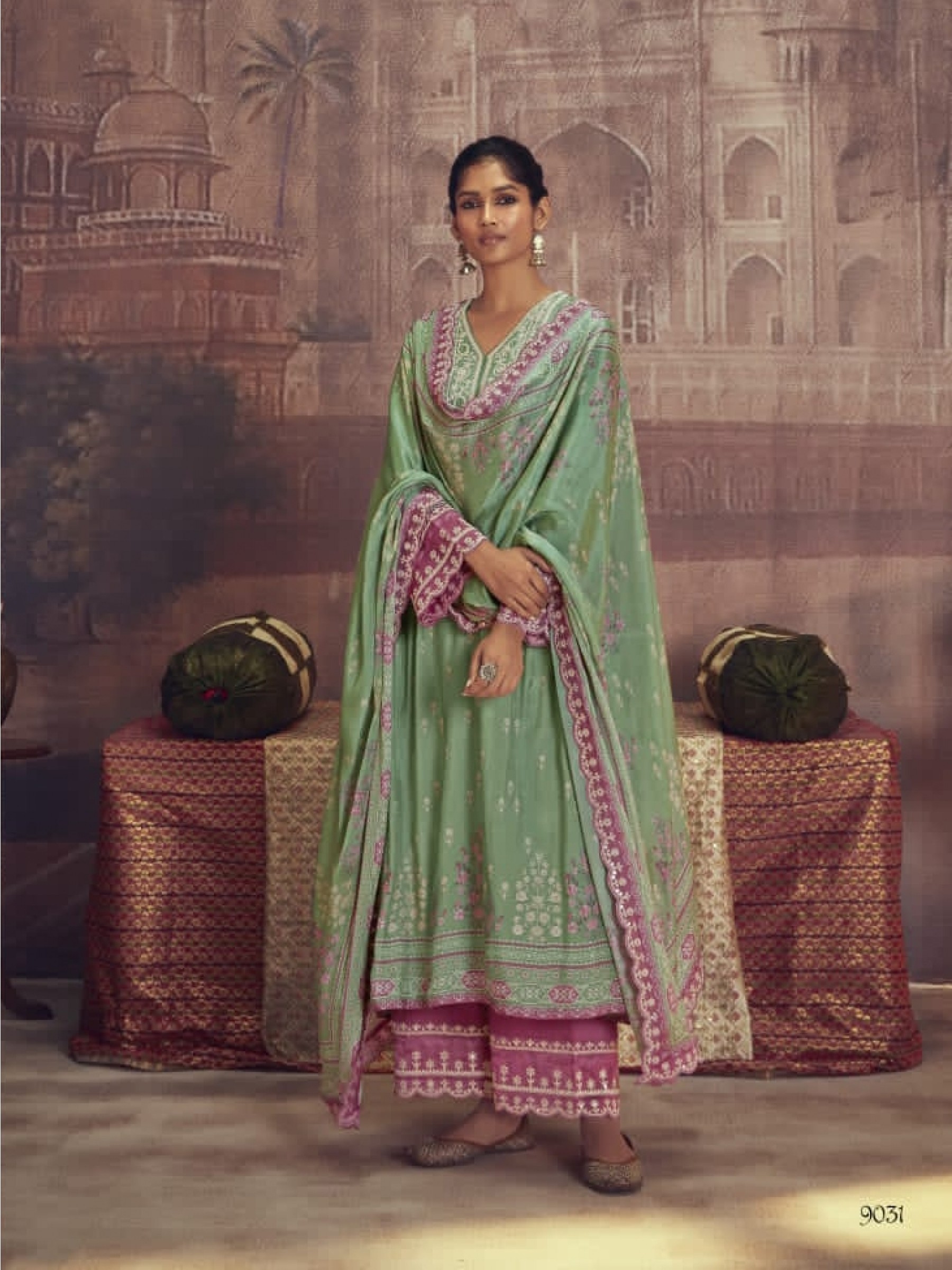 Muslin Silk Party Wear  Suit  in Green Color with  Embroidery Work