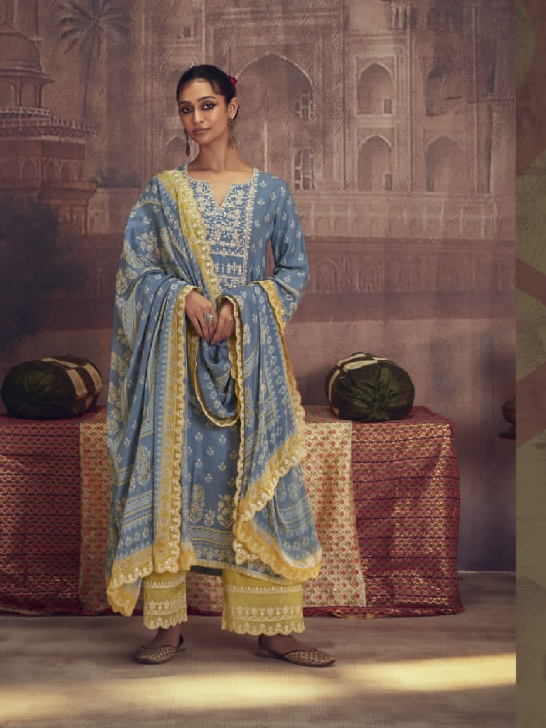 Muslin Silk Party Wear  Suit  in Blue Color with  Embroidery Work