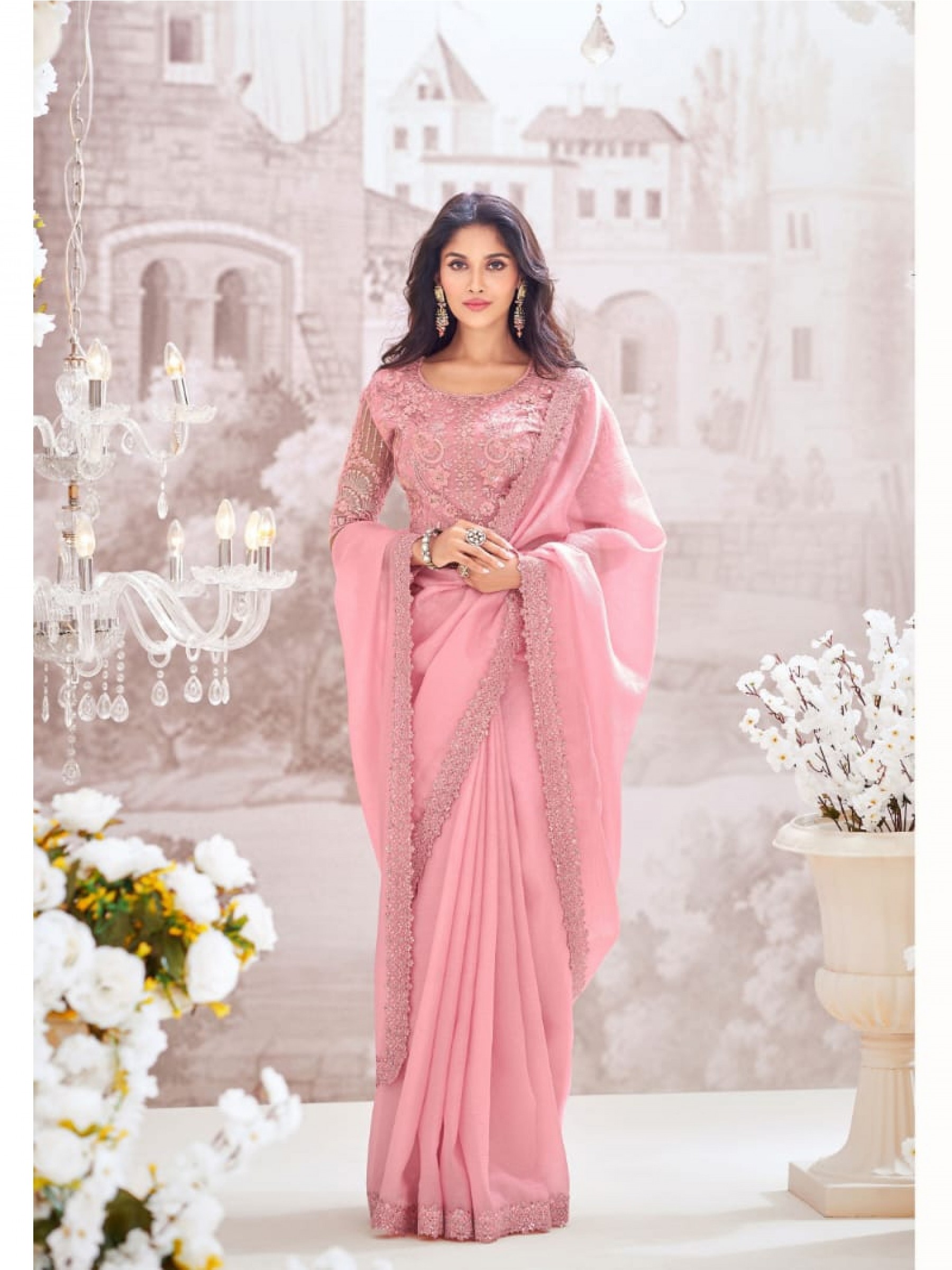 Chiffon Crush  Saree In Pink Color With Embroidery Work