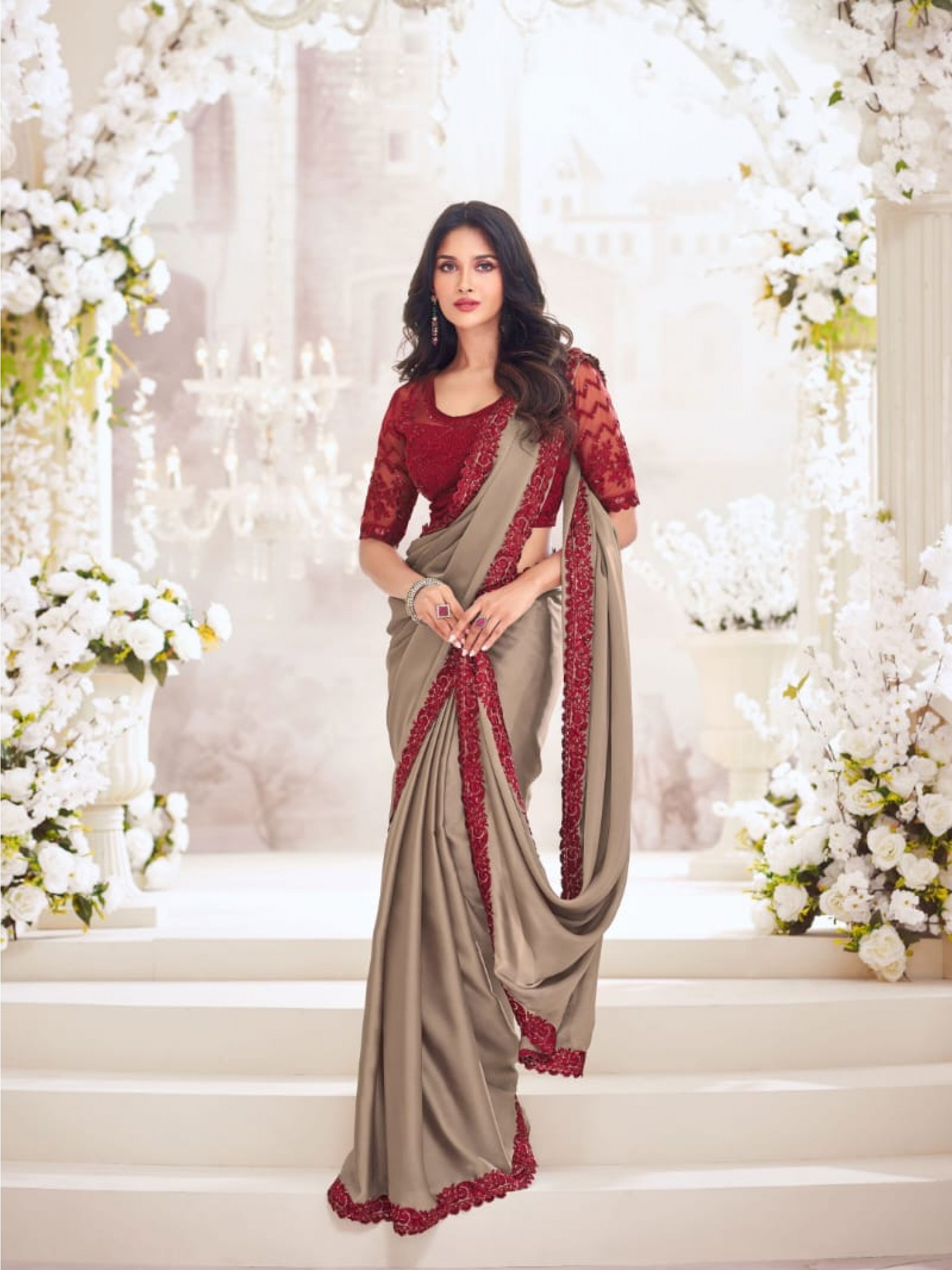 Sateen  Silk Saree In Beige Color With Embroidery Work