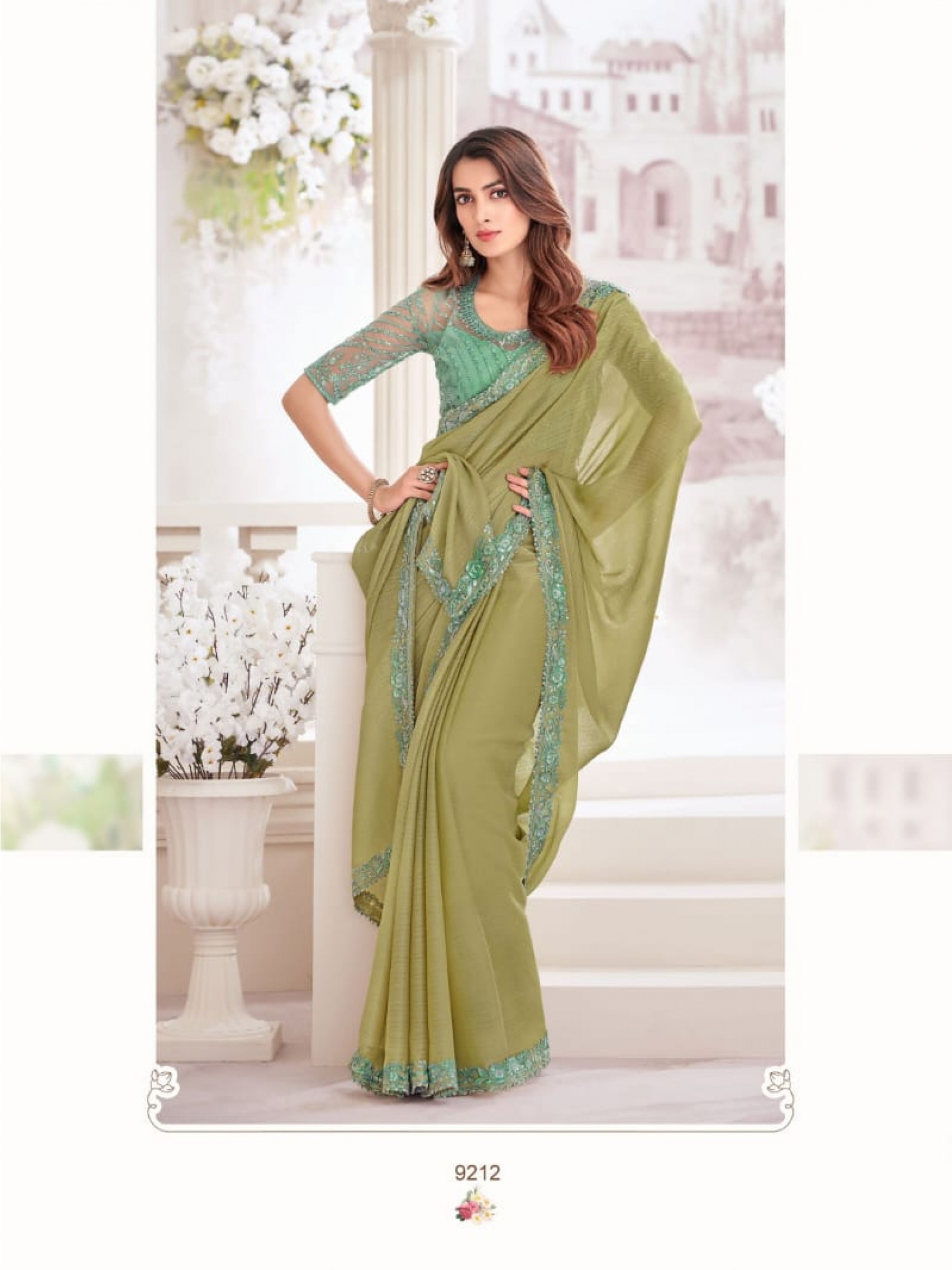 Georgette Shimmer  Saree In Green Color With Embroidery Work