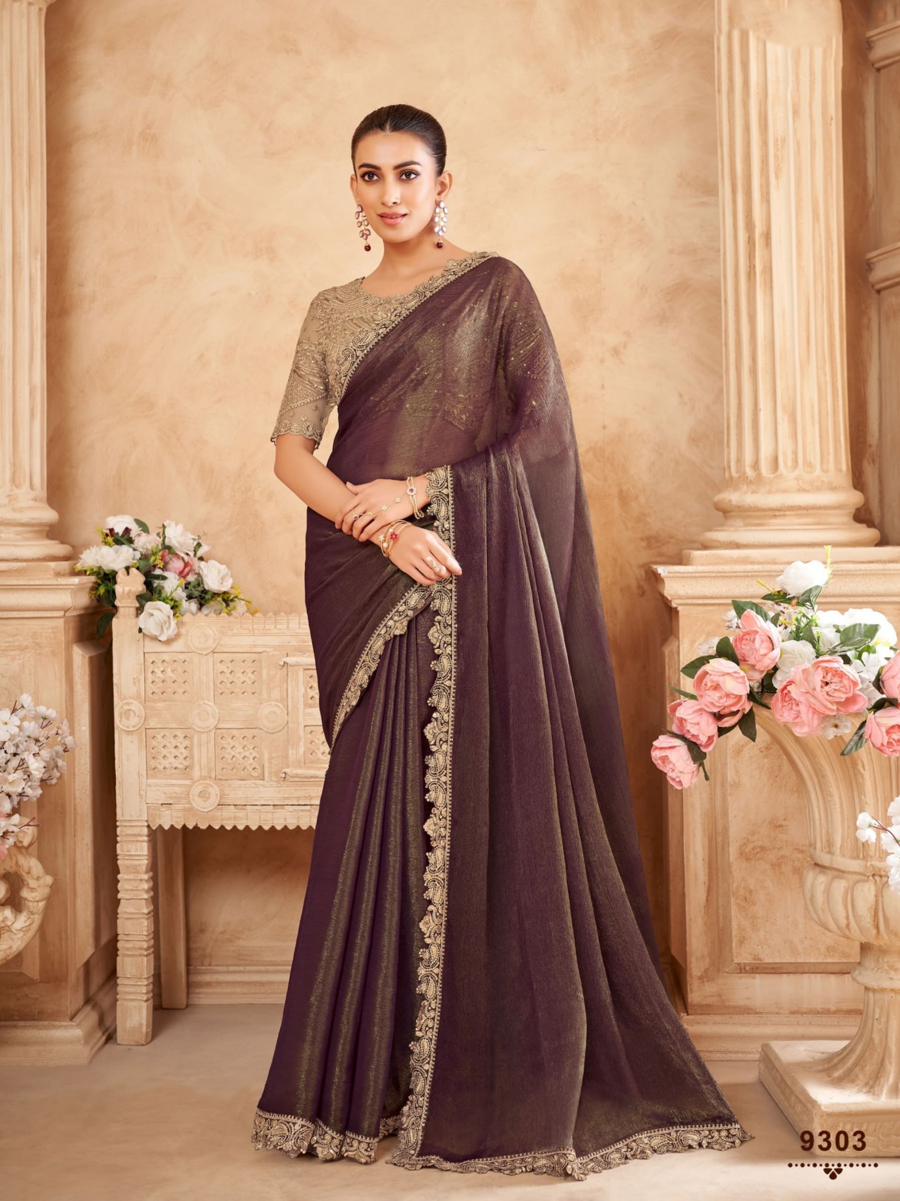 Simmer Silk Saree In Color Brown With Embroidery Work