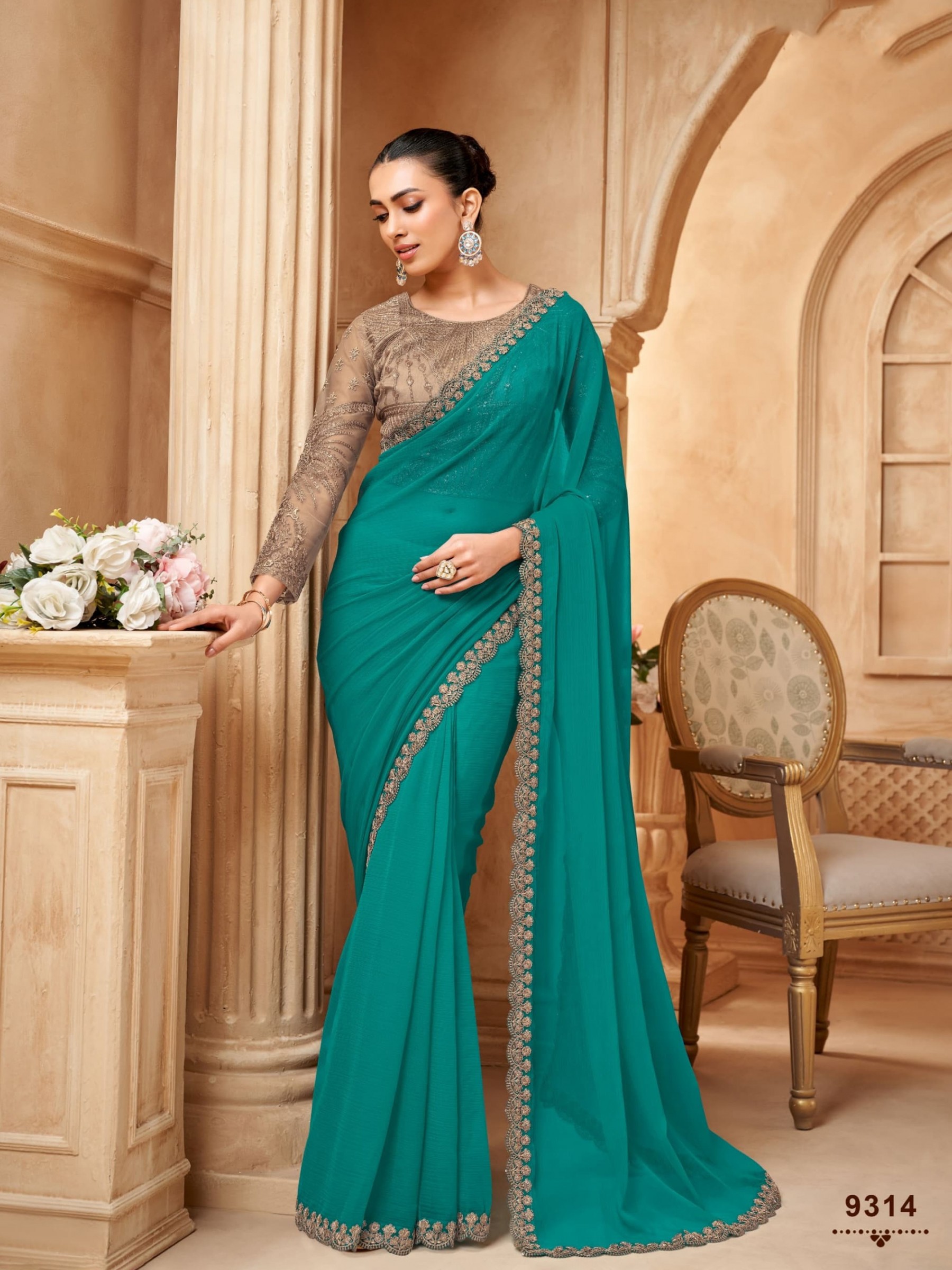 Pure Chiffon Silk Saree In Color Green Color With Embroidery Work