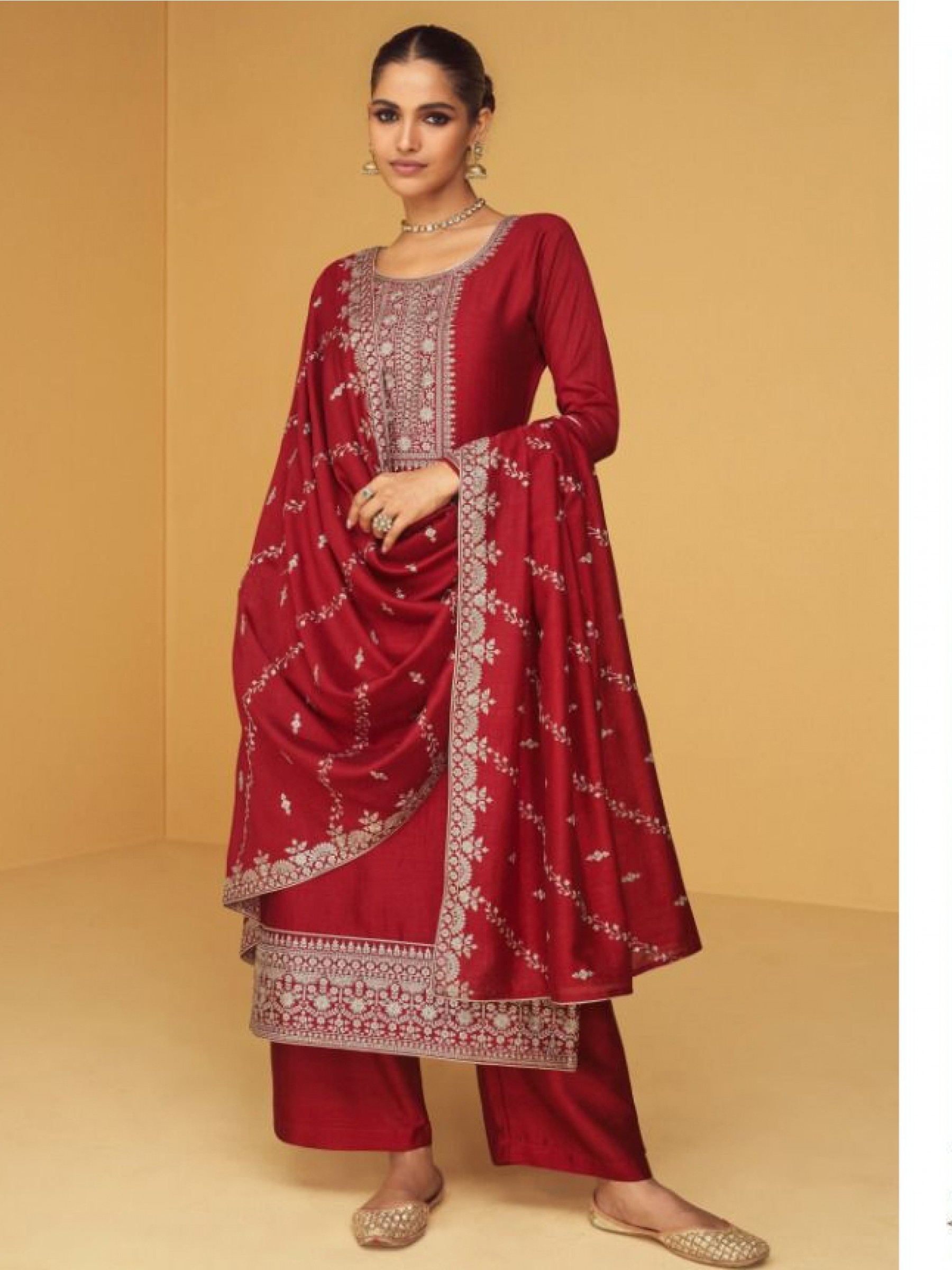 Blooming Georgette Party Wear Suit  Red Color with  Embroidery Work