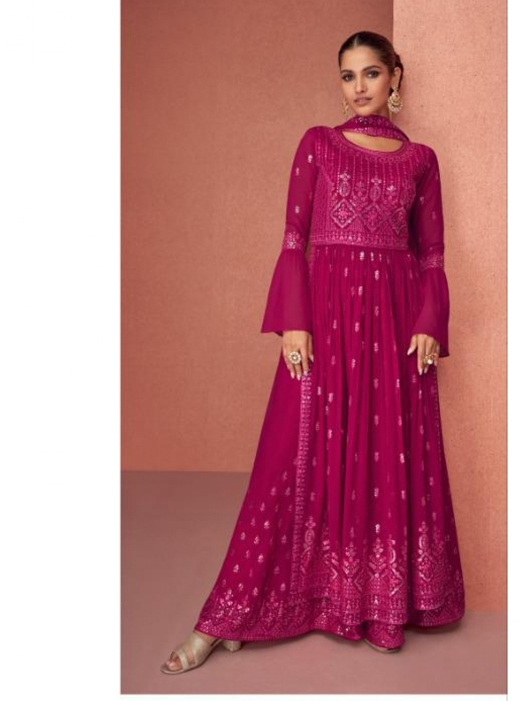 Pure Geogratte  Party Wear Plazo Suit  in Pink Color with  Embroidery Work