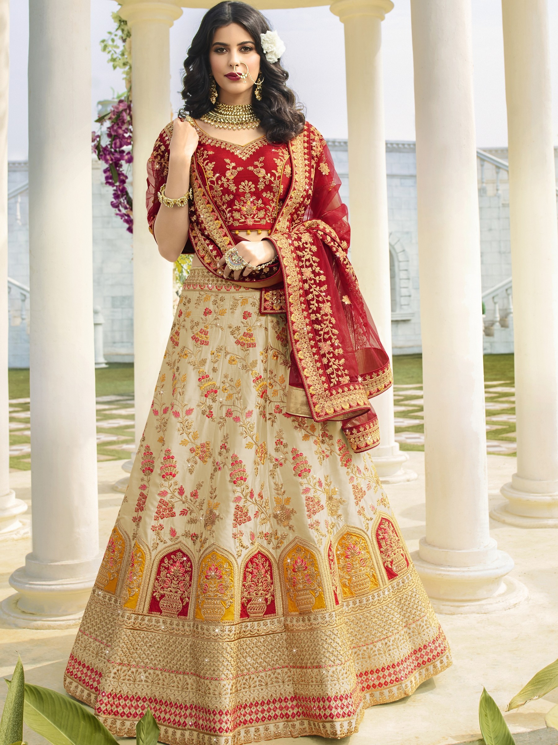 Pure  Silk Wedding Lehenga in Off White & Red Color With Embroidery Work & Stone Work