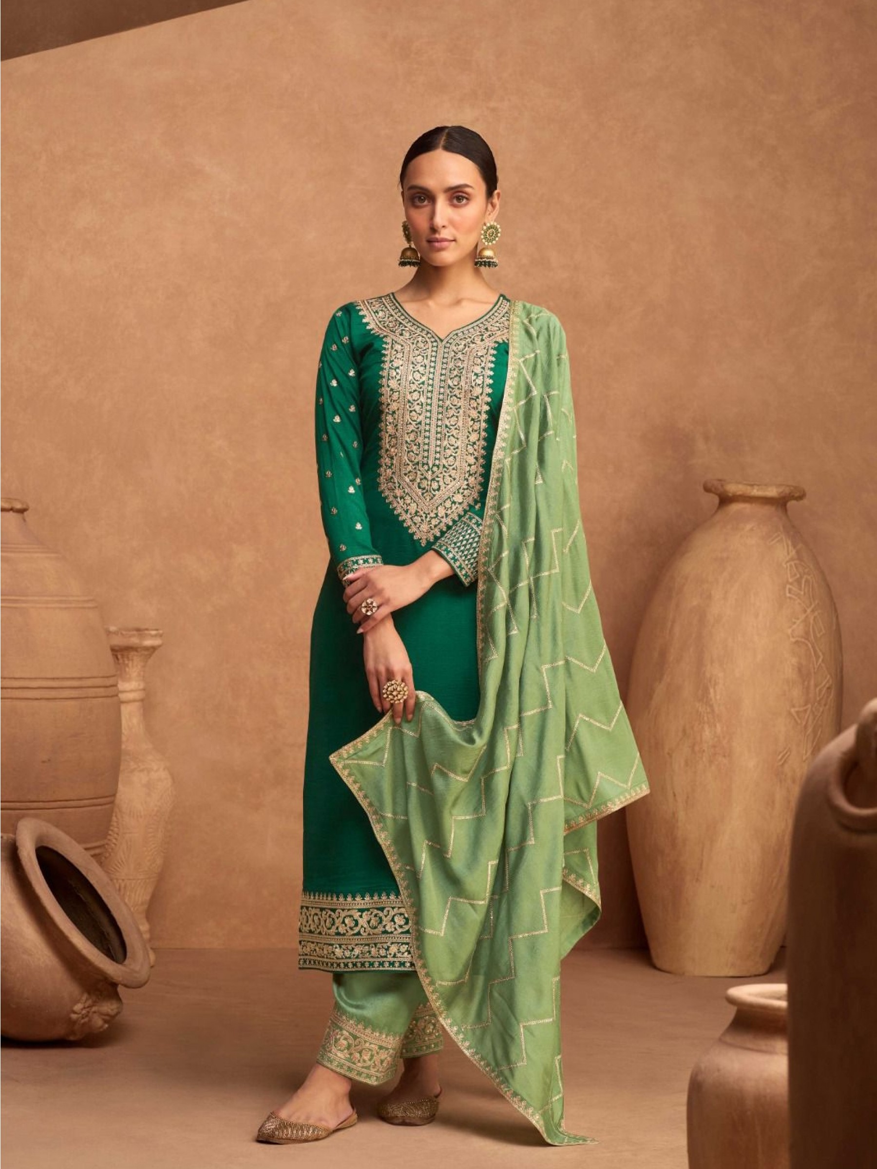 Premium Silk  Party Wear Suit  in Green  Color with  Embroidery Work