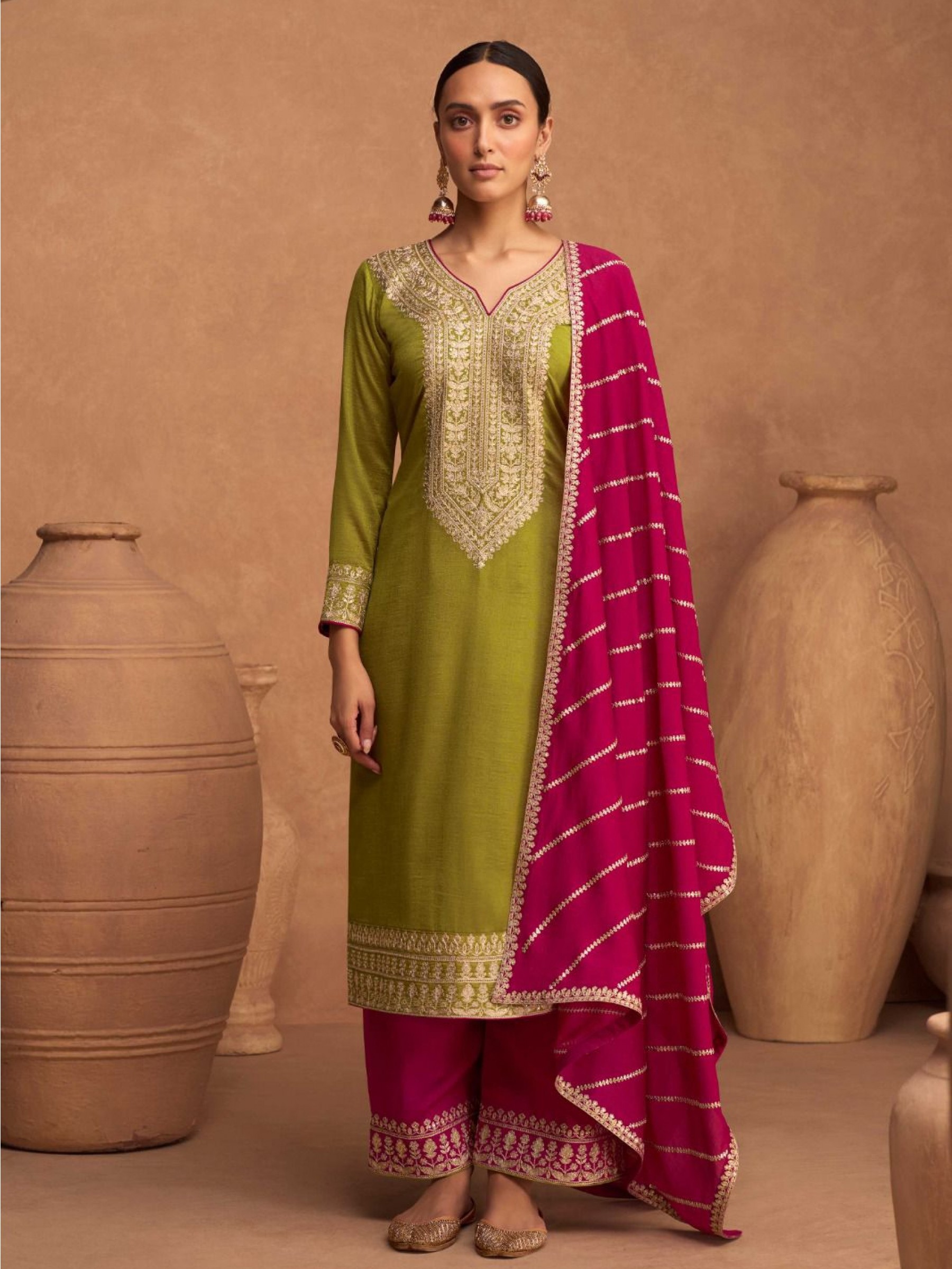 Premium Silk  Party Wear Suit  in Green & Magenta Color with  Embroidery Work