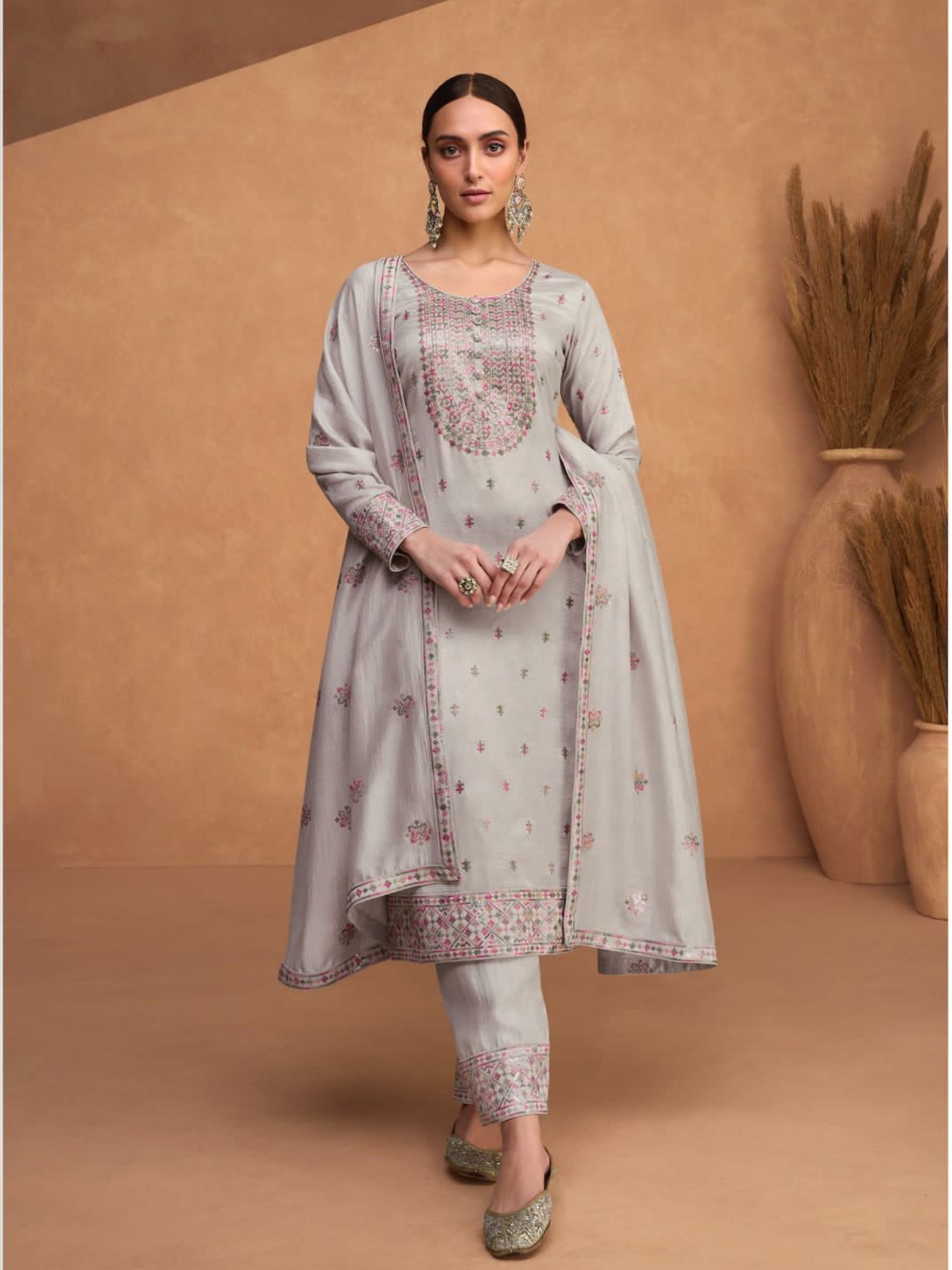Premium Silk  Party Wear Suit  in Grey Color with  Embroidery Work