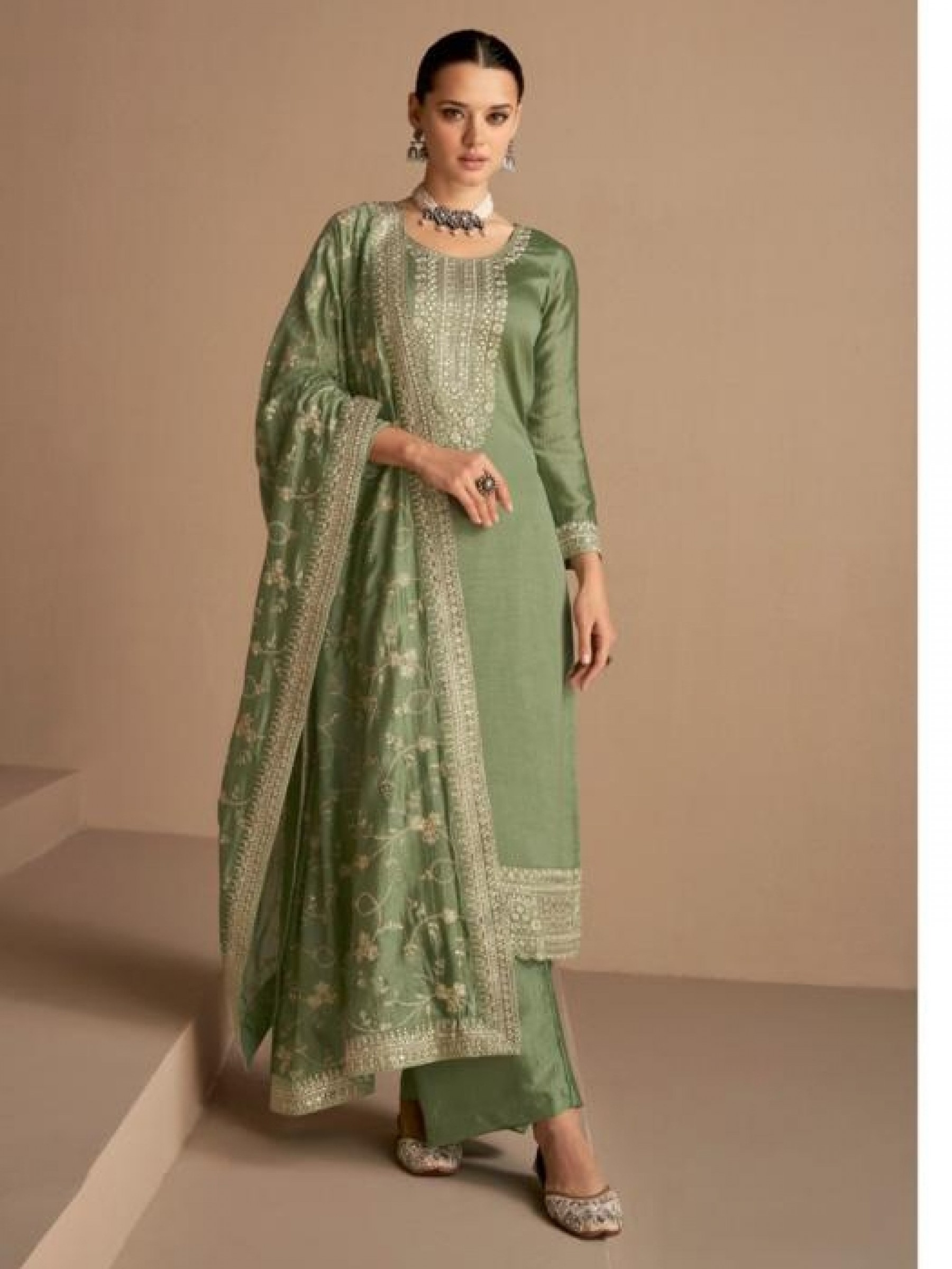 Dola Silk  Party Wear Suit In Green With Embroidery Work 