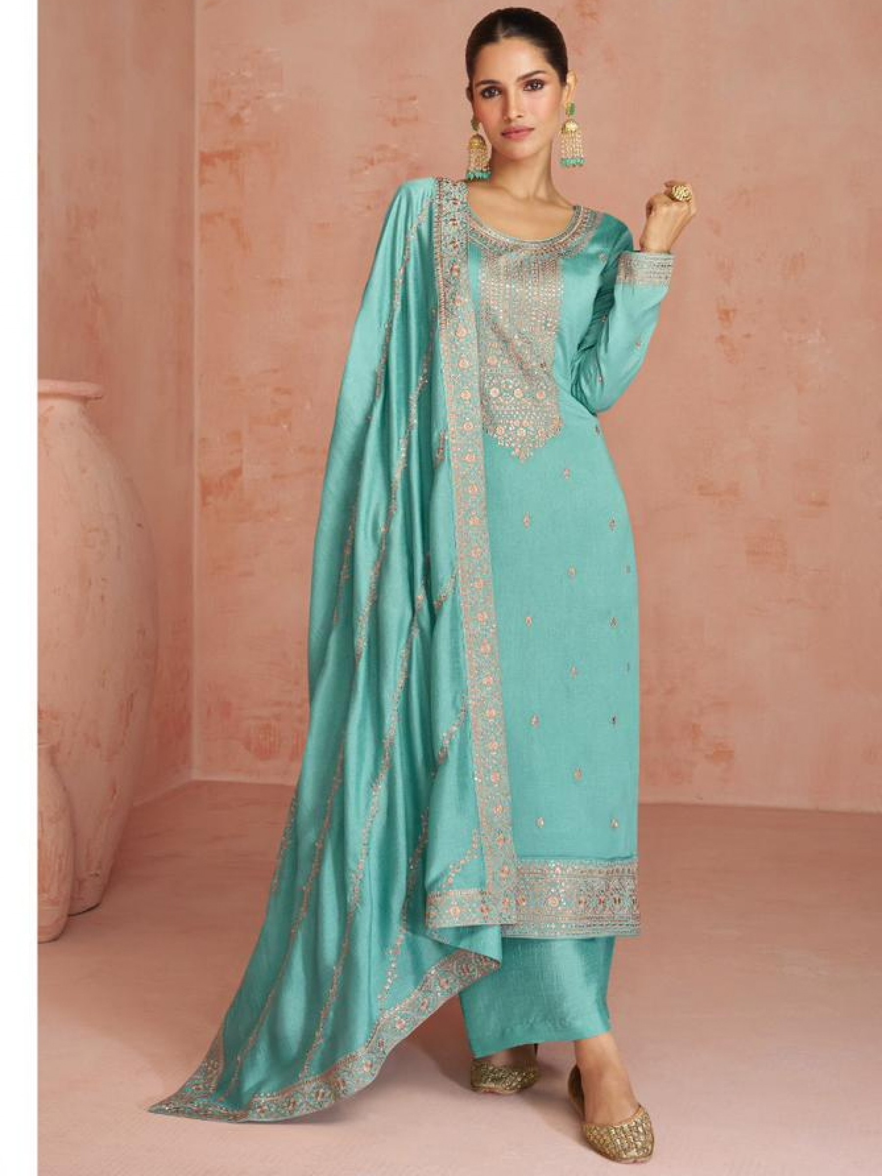 Premium Silk  Party Wear Suit  in Turquoise Color with  Embroidery Work