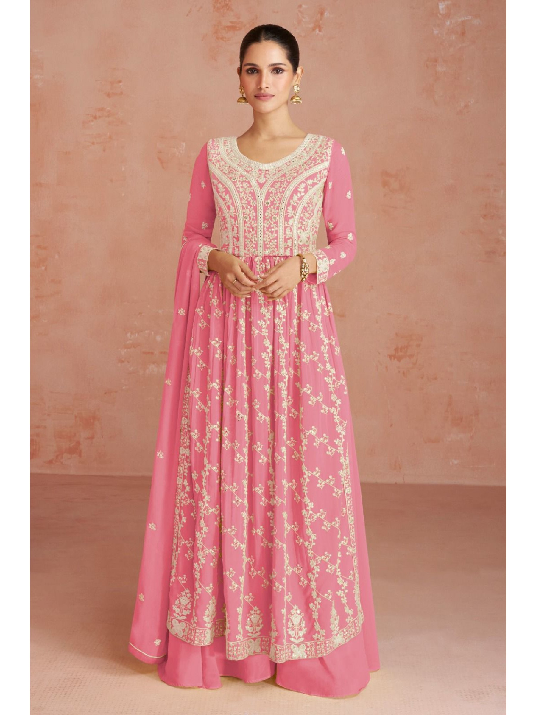Georgette  Party Wear Gown Pink Color with  Embroidery Work