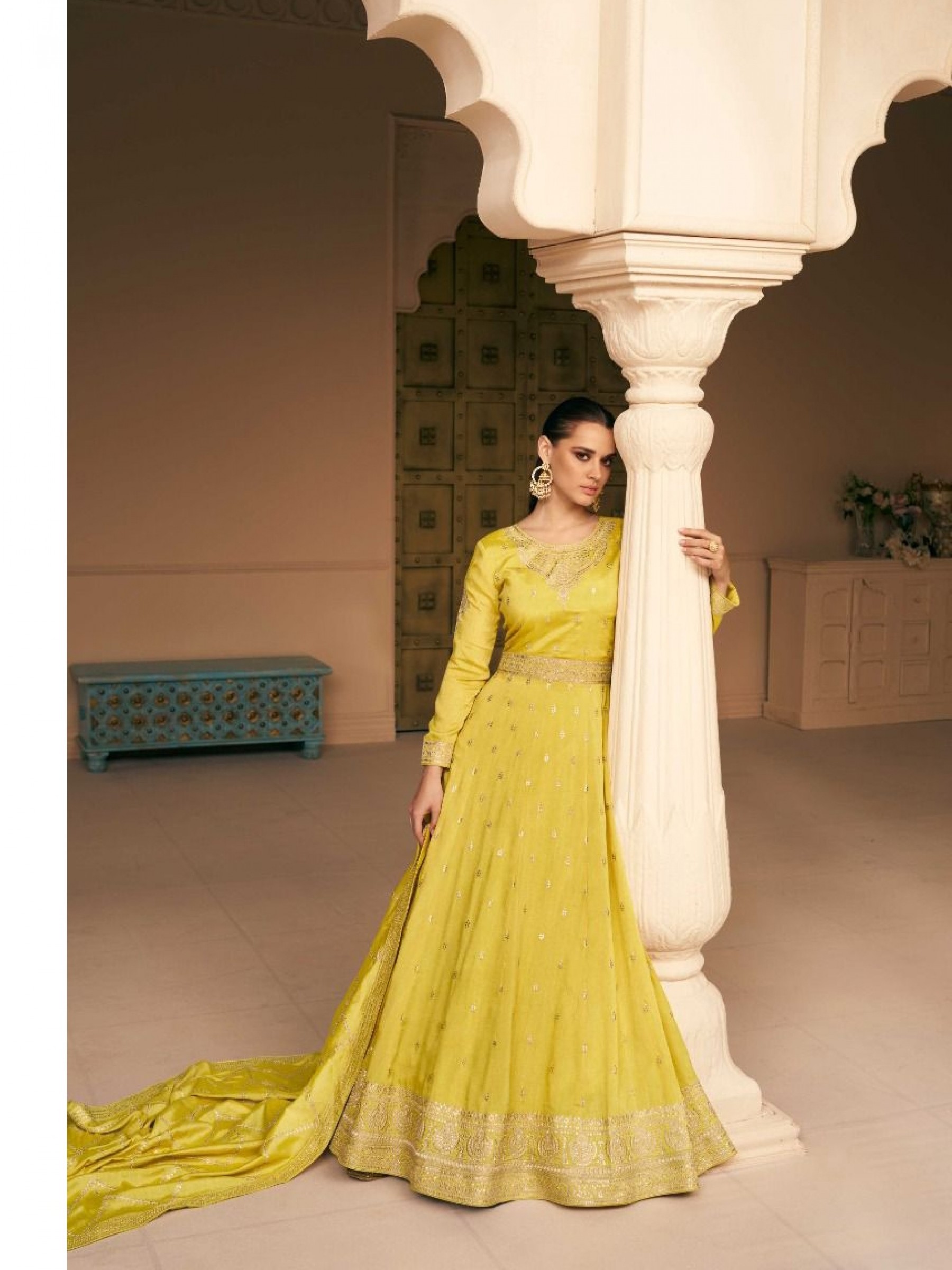 Premium Silk Party Wear Gown Yellow Color with  Embroidery Work