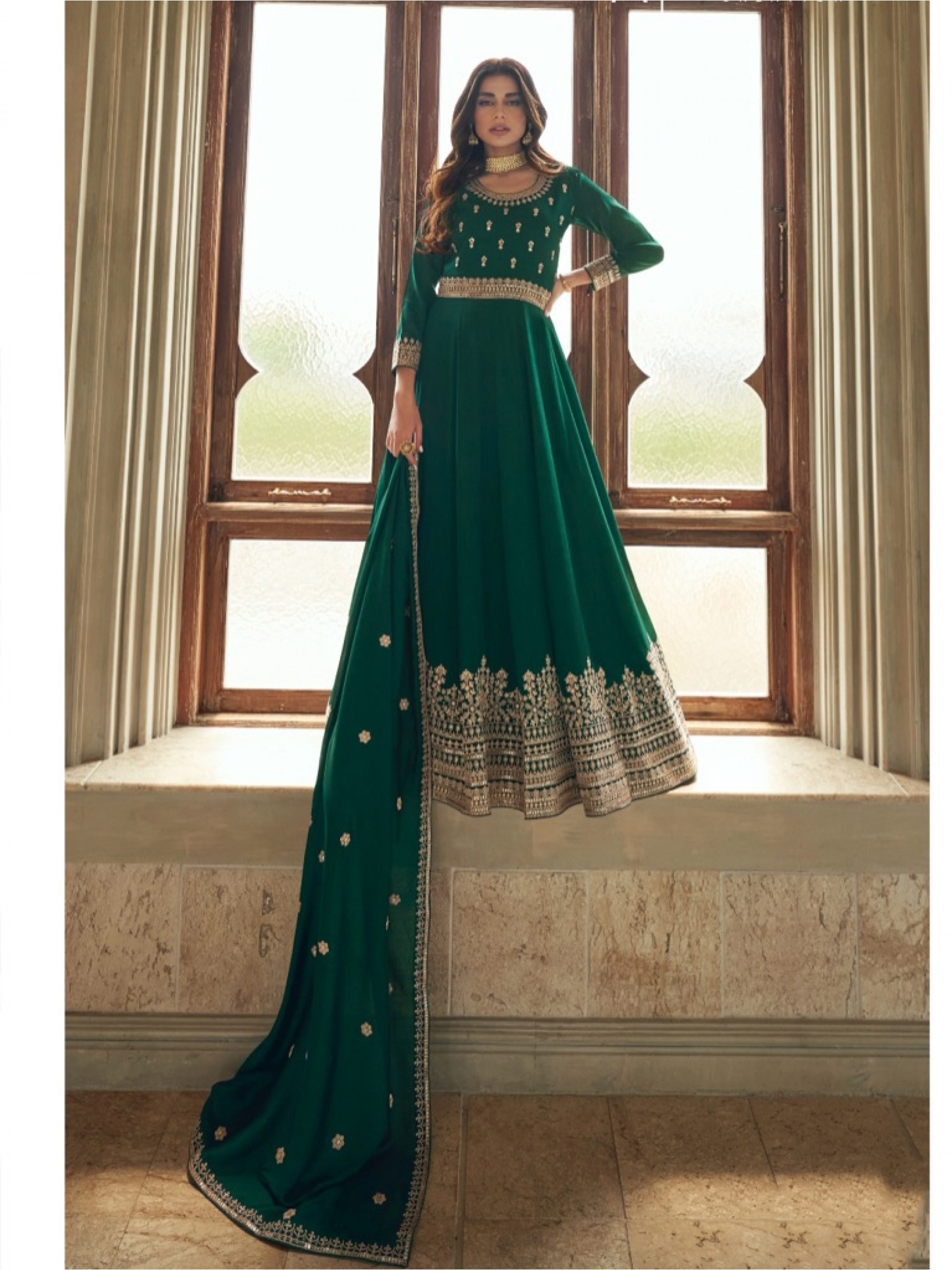 Premium Silk Party Wear Gown Green Color with  Embroidery Work