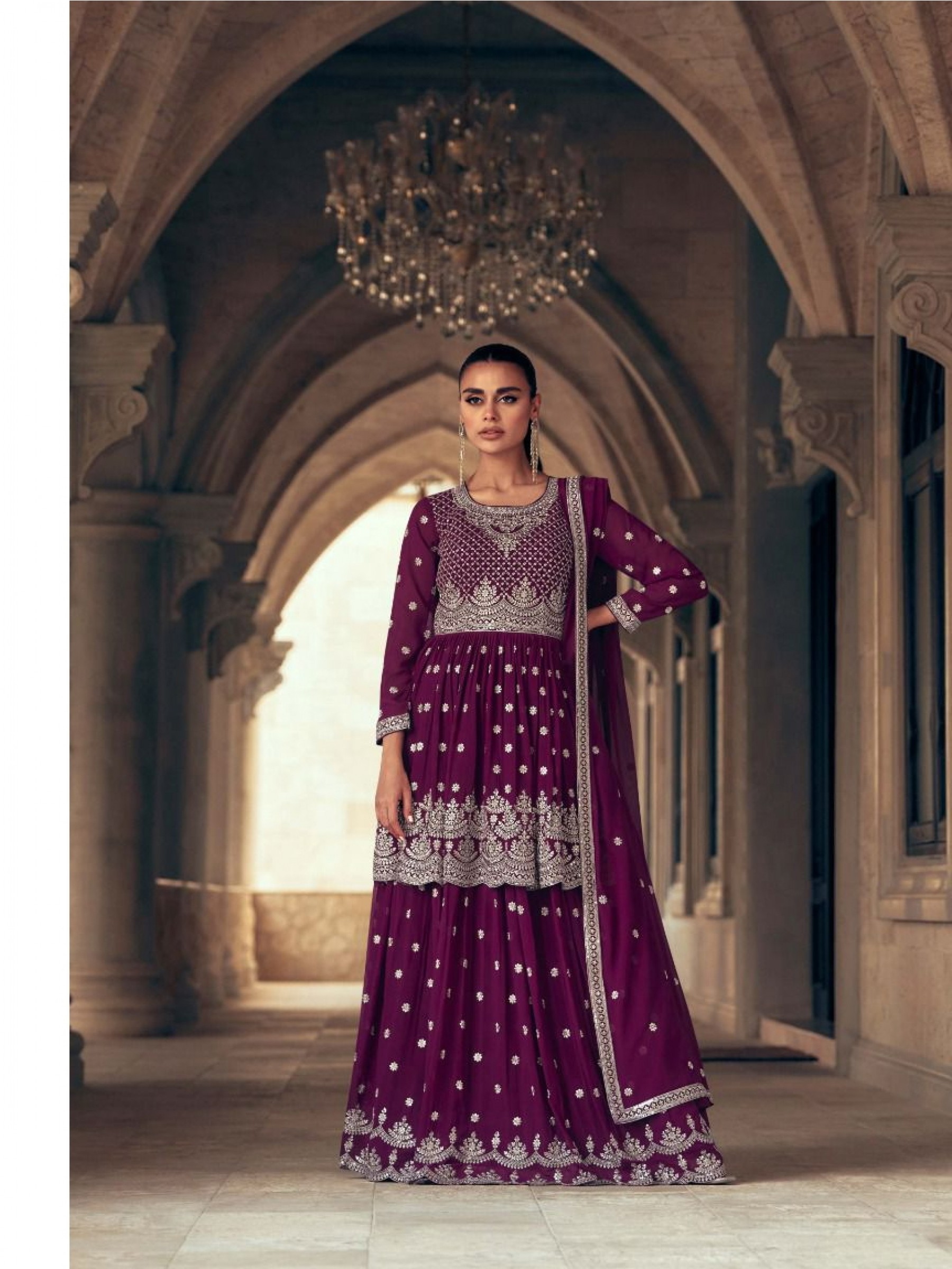 Georgette Party Wear Sharara In Wine Color With Embroidery Work 