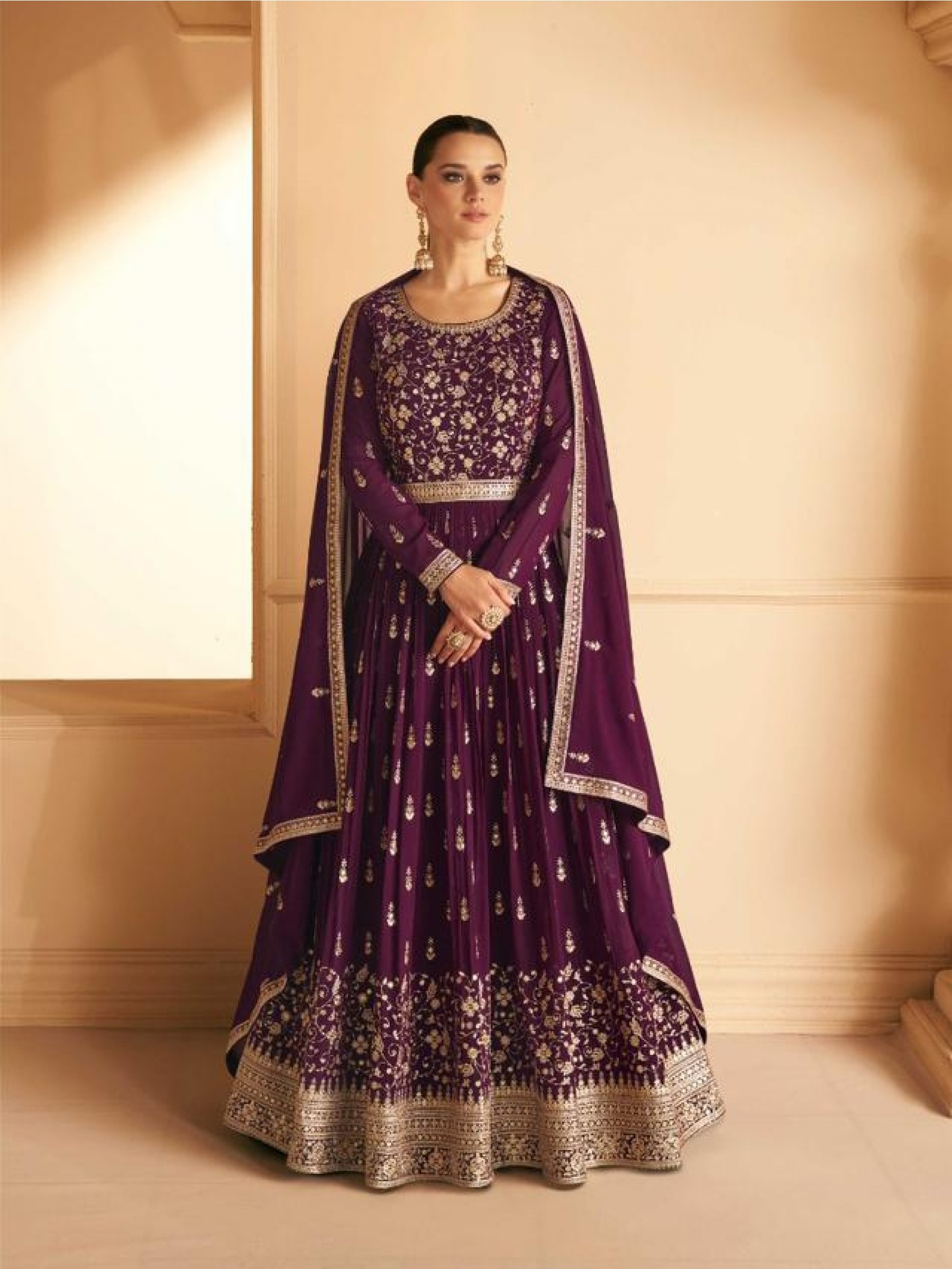 Georgette  Party Wear Gown Purple Color with  Embroidery Work