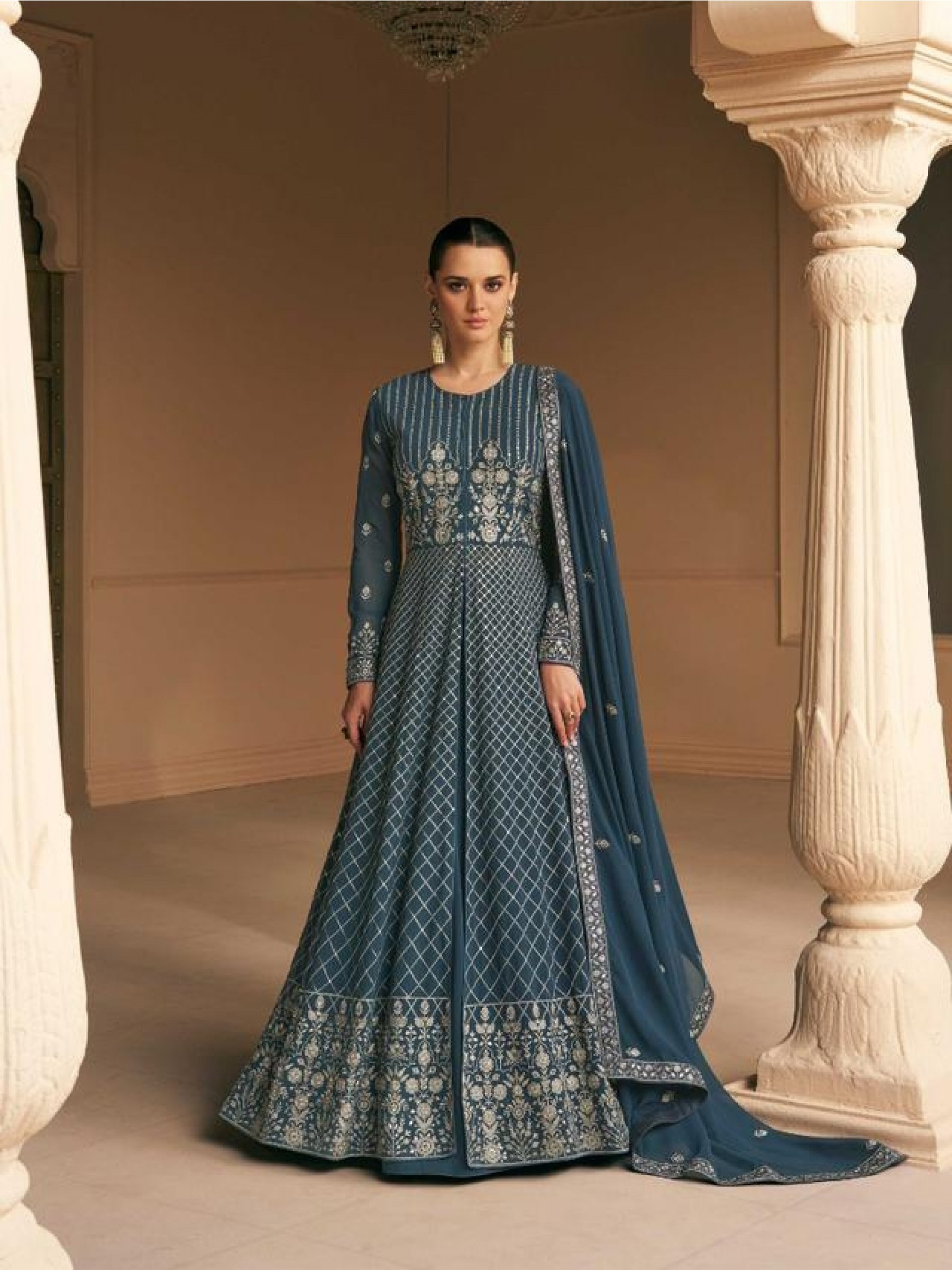 Georgette  Party Wear Gown Grey Color with  Embroidery Work