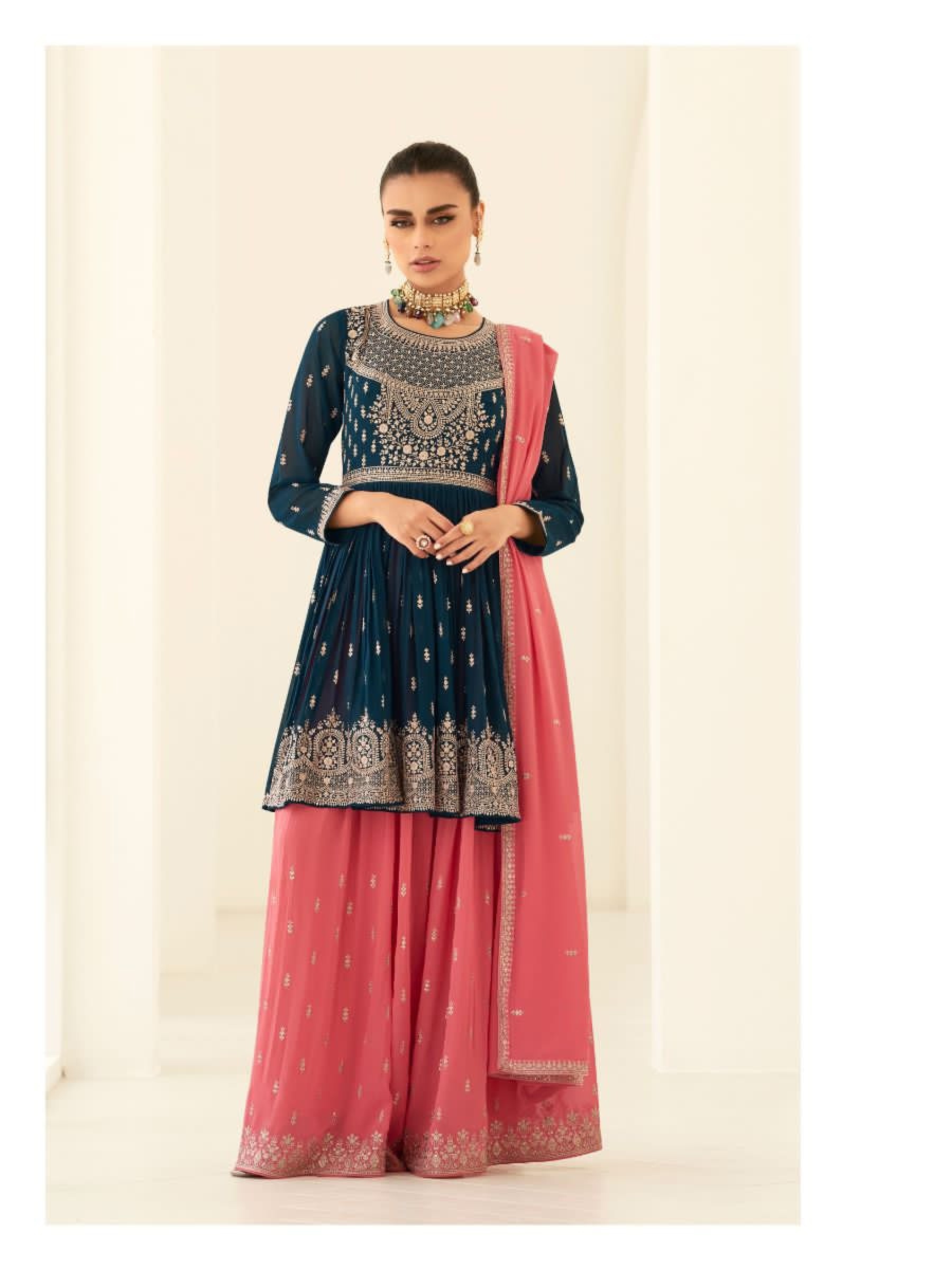 Pure Georgette Party Wear Sarara in Pink & Blue Color with  Embroidery Work